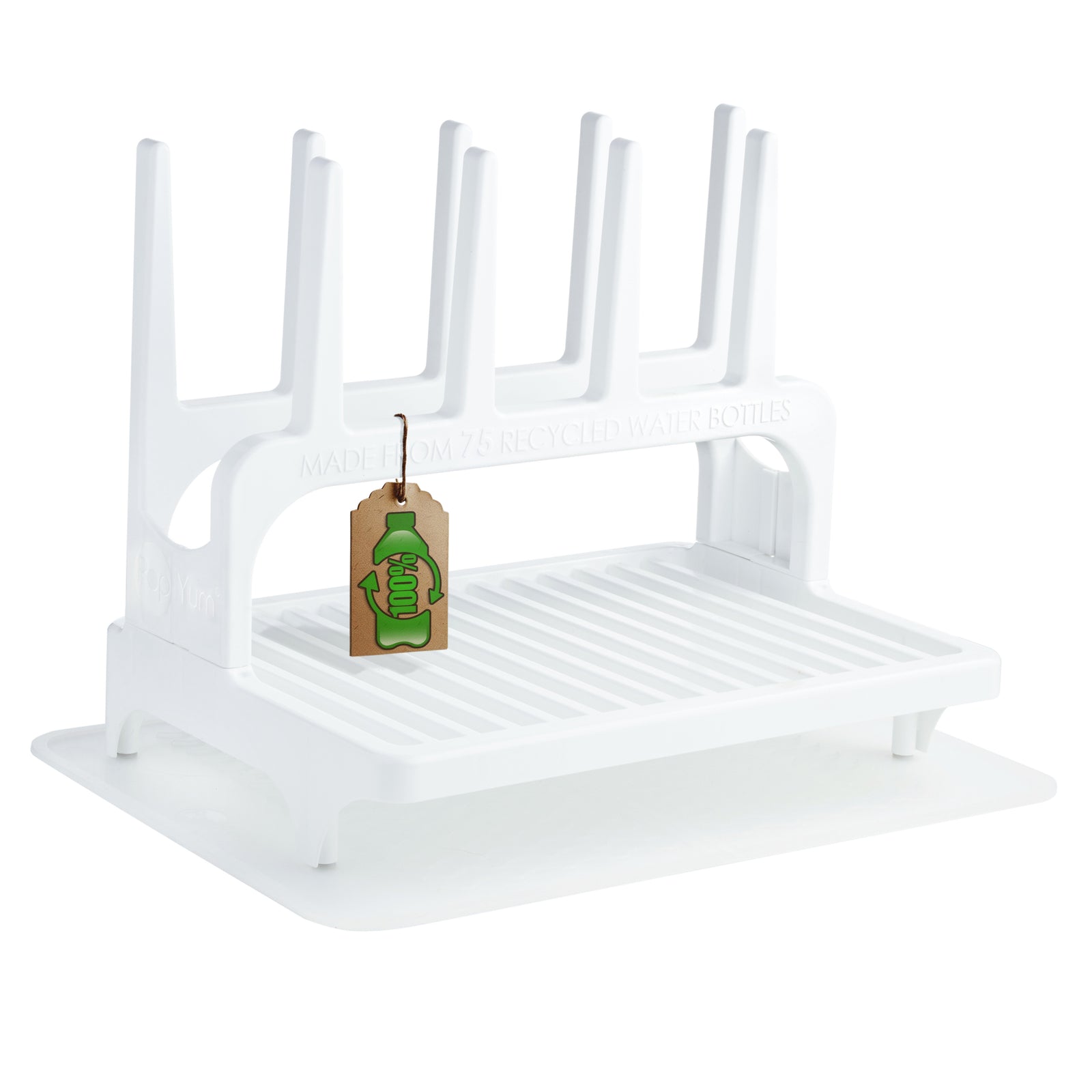 PopYum Glacier White Drying Rack from 100% Recycled Bottles with Silicone Drying Mat, countertop for Baby Bottles, Plastic Bags, Cups, Compact - PopYum
