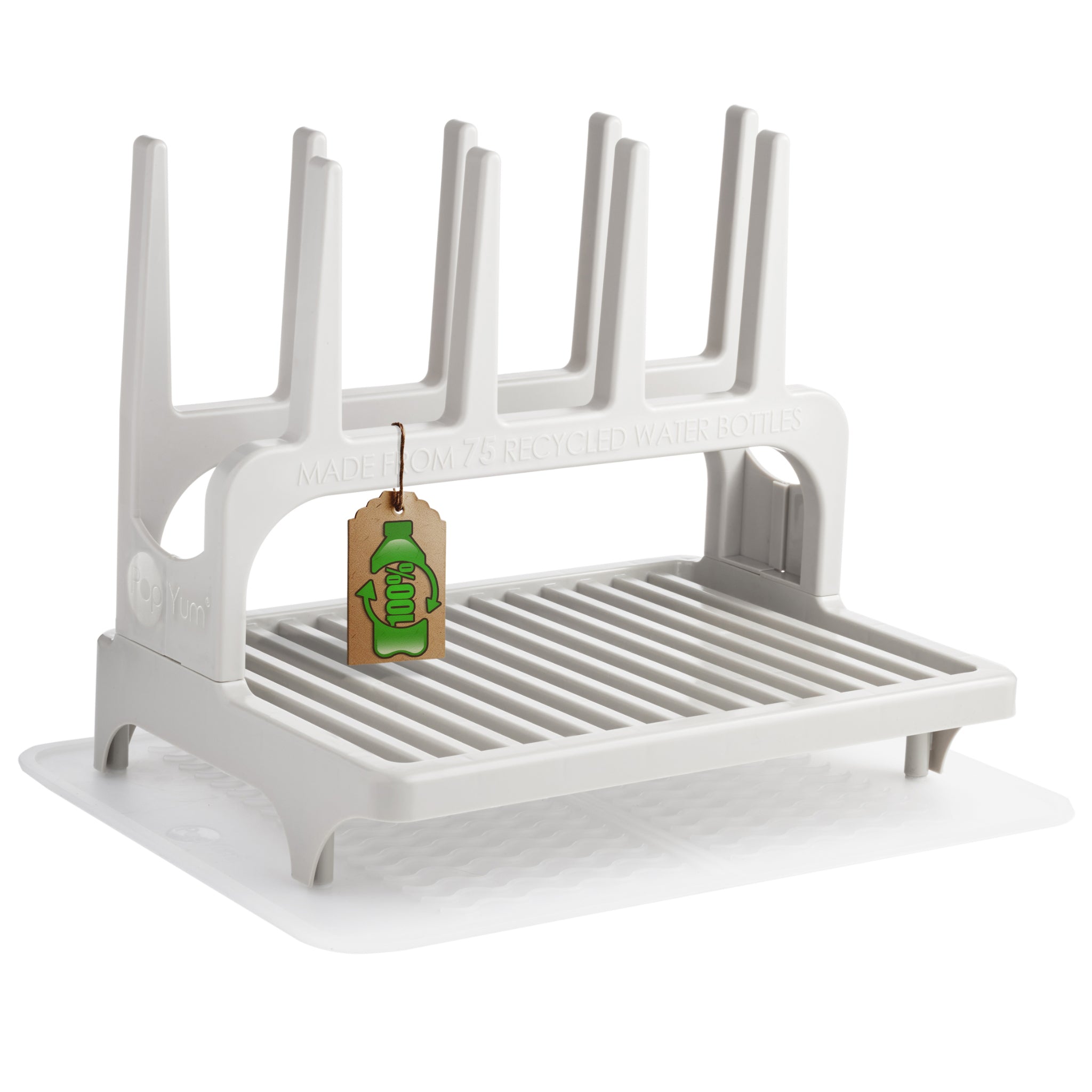 PopYum Seattle Gray Drying Rack from 100% Recycled Bottles with Silicone Drying Mat, countertop for Baby Bottle, Plastic Bags, Cups, Compact - PopYum
