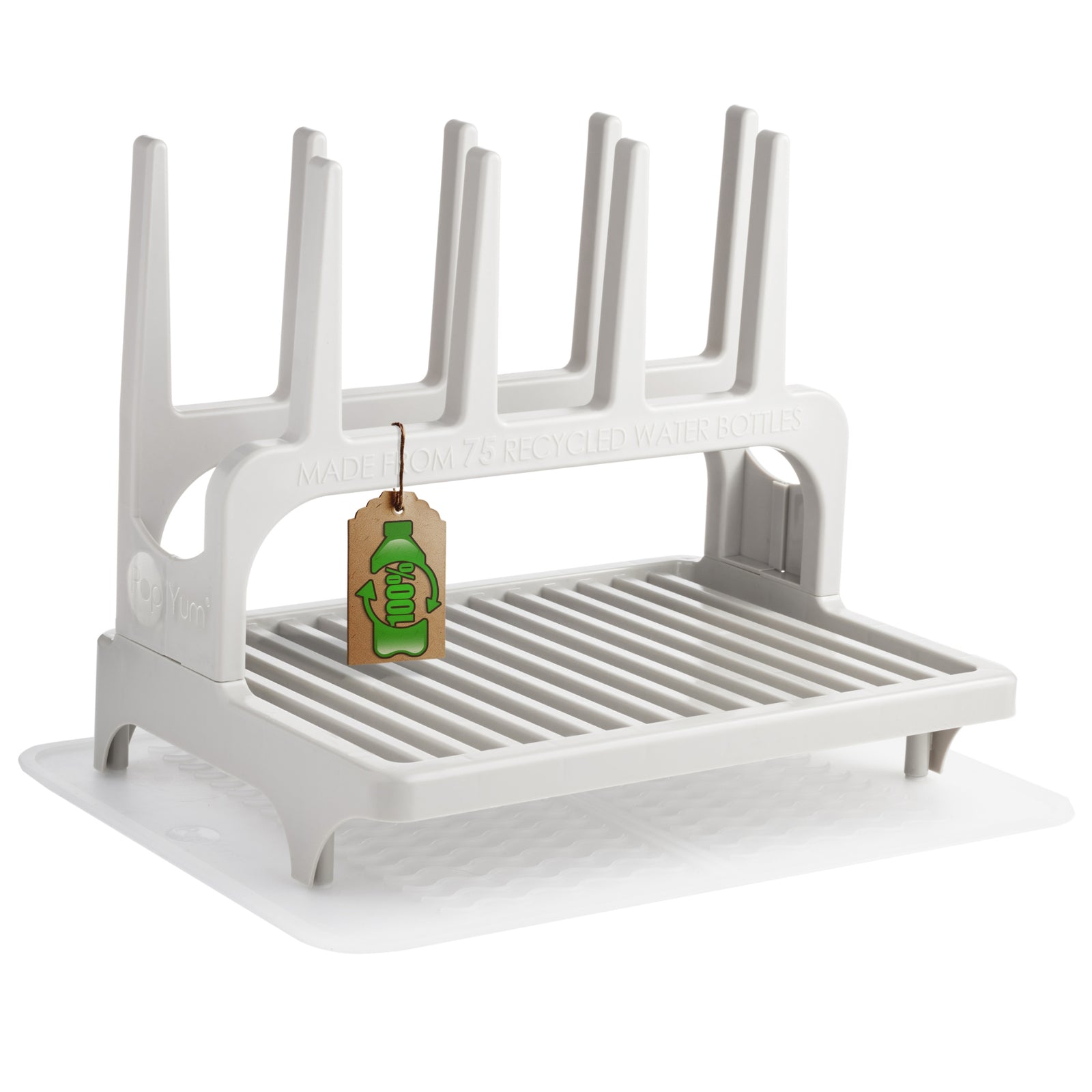 PopYum Seattle Gray Drying Rack from 100% Recycled Bottles with Silicone Drying Mat, countertop for Baby Bottle, Plastic Bags, Cups, Compact - PopYum