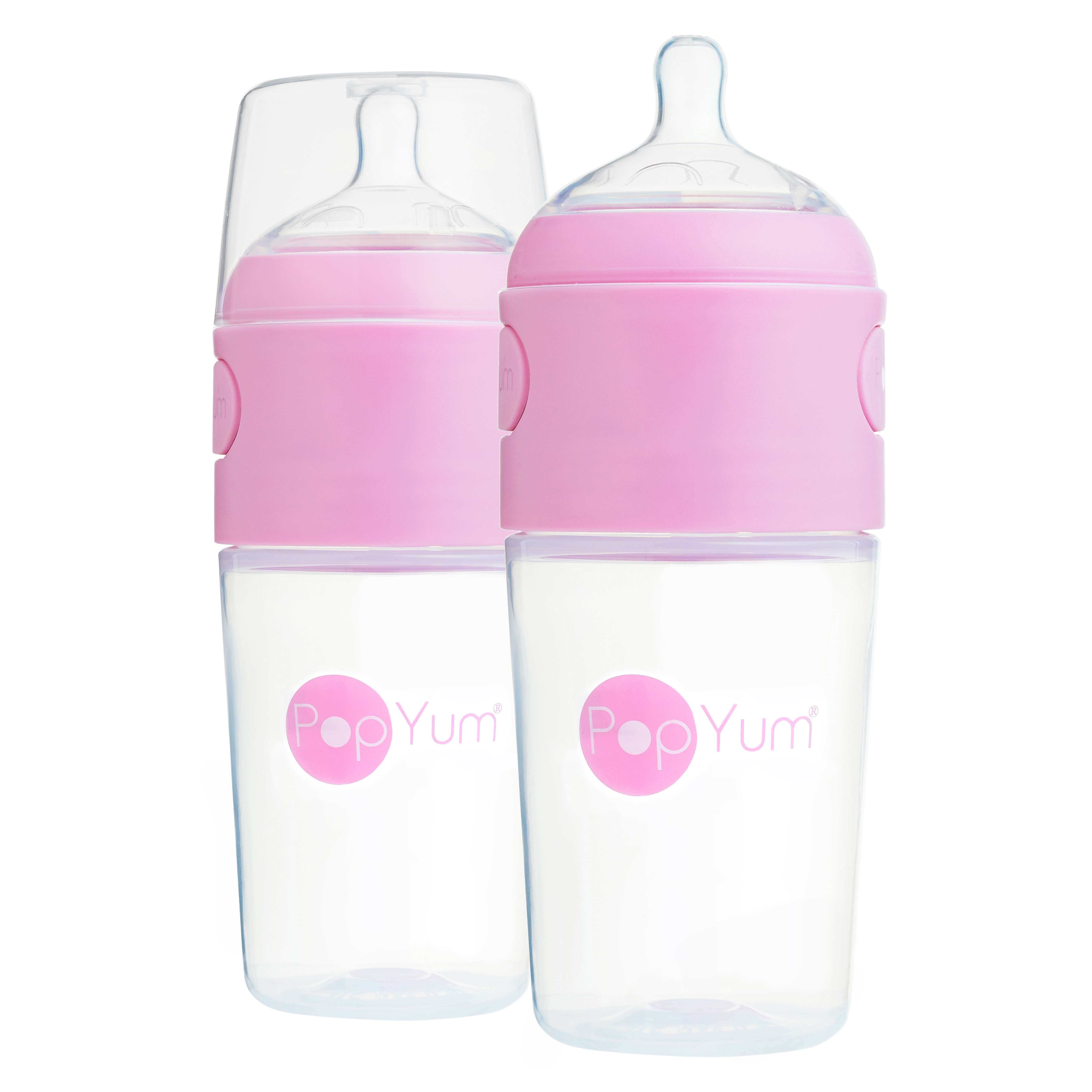 PopYum 9oz Anti-Colic Baby Bottle for Breast and Formula Feeding, 2-Pack, Pink, #2 Medium Flow Nipples - PopYum