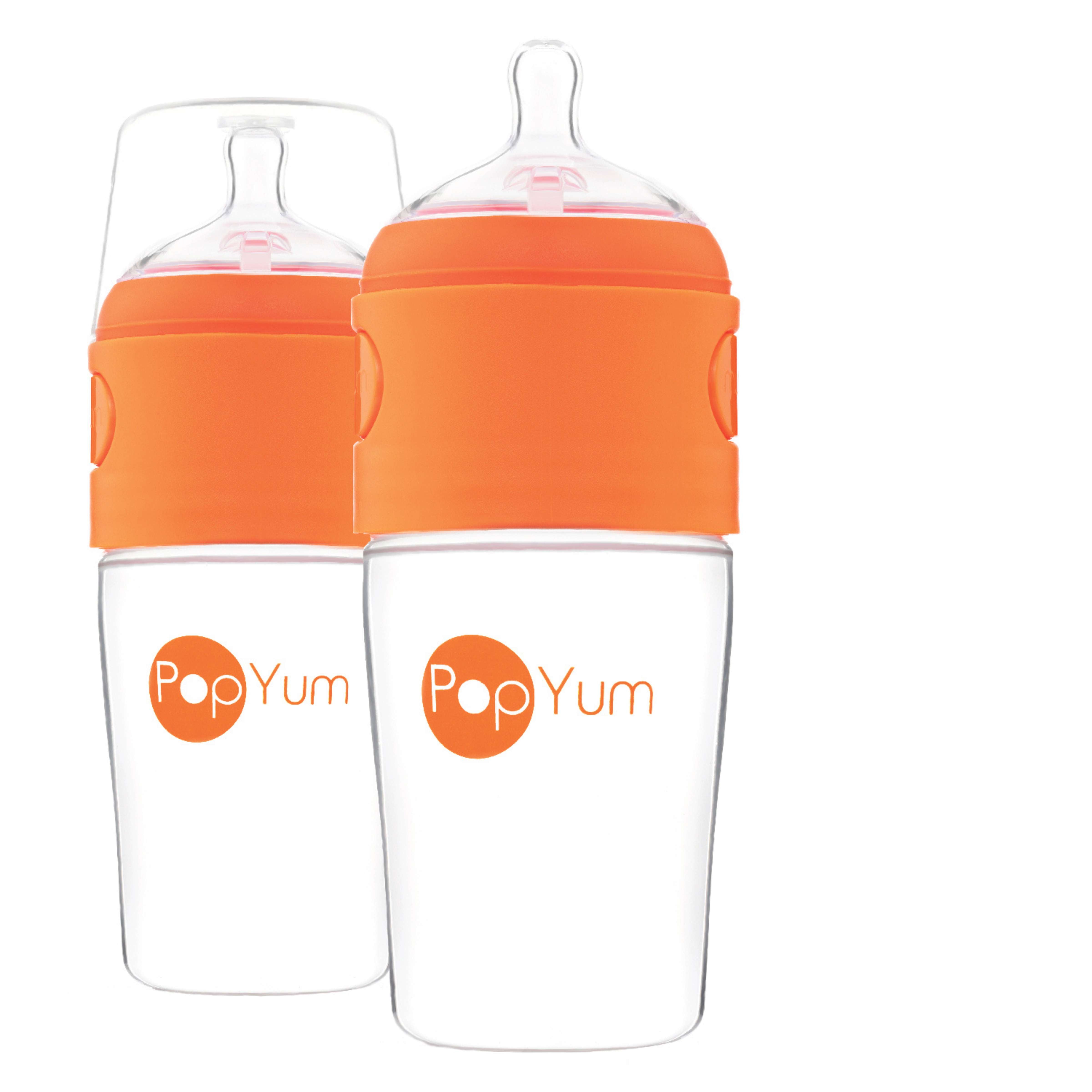 PopYum 9oz Anti-Colic Baby Bottle for Breast and Formula Feeding, 2-Pack, Orange, #2 Medium Flow Nipples - PopYum