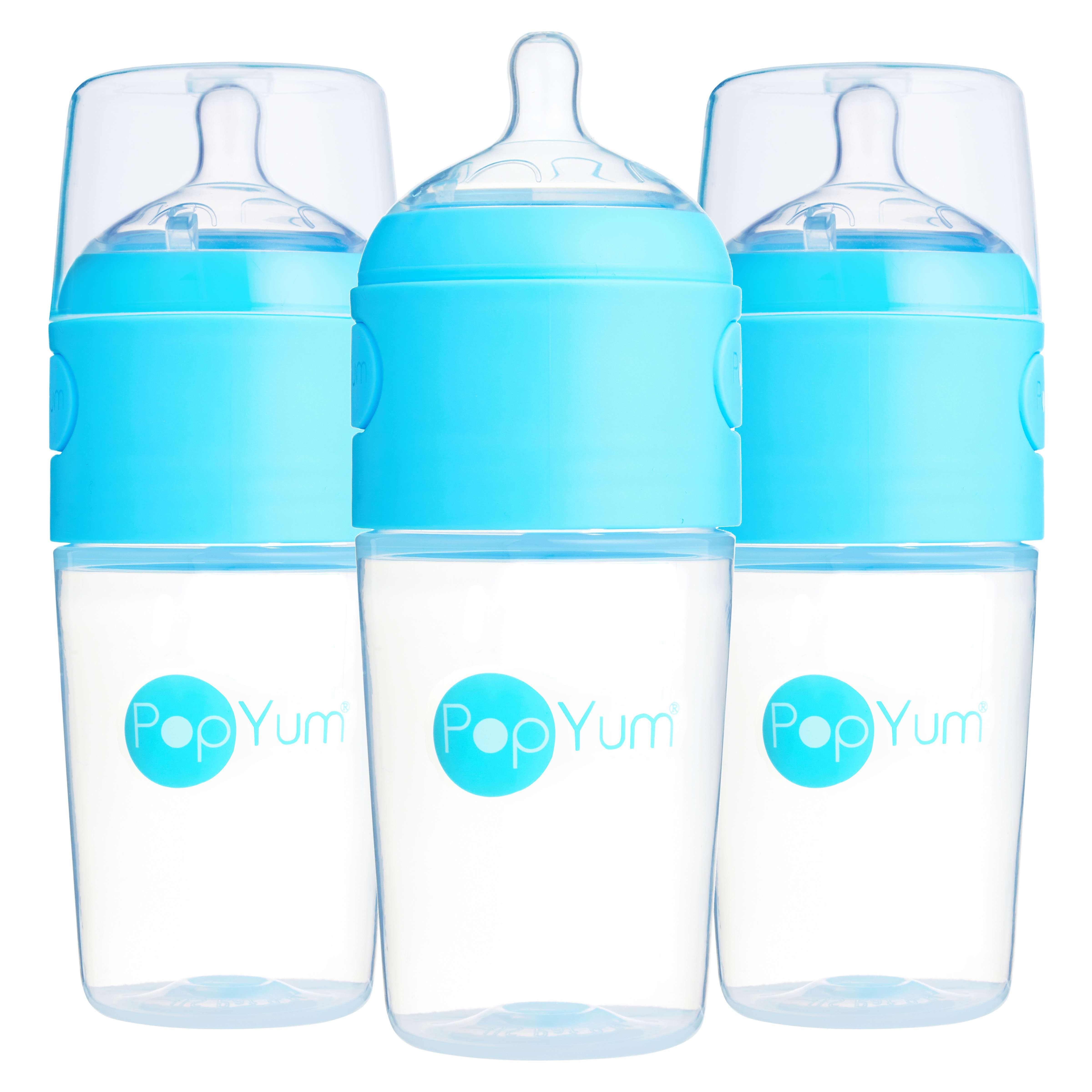 PopYum 9oz Anti-Colic Baby Bottle for  for Breast and Formula Feeding, 3-Pack, Blue, #2 Medium Flow Nipples - PopYum