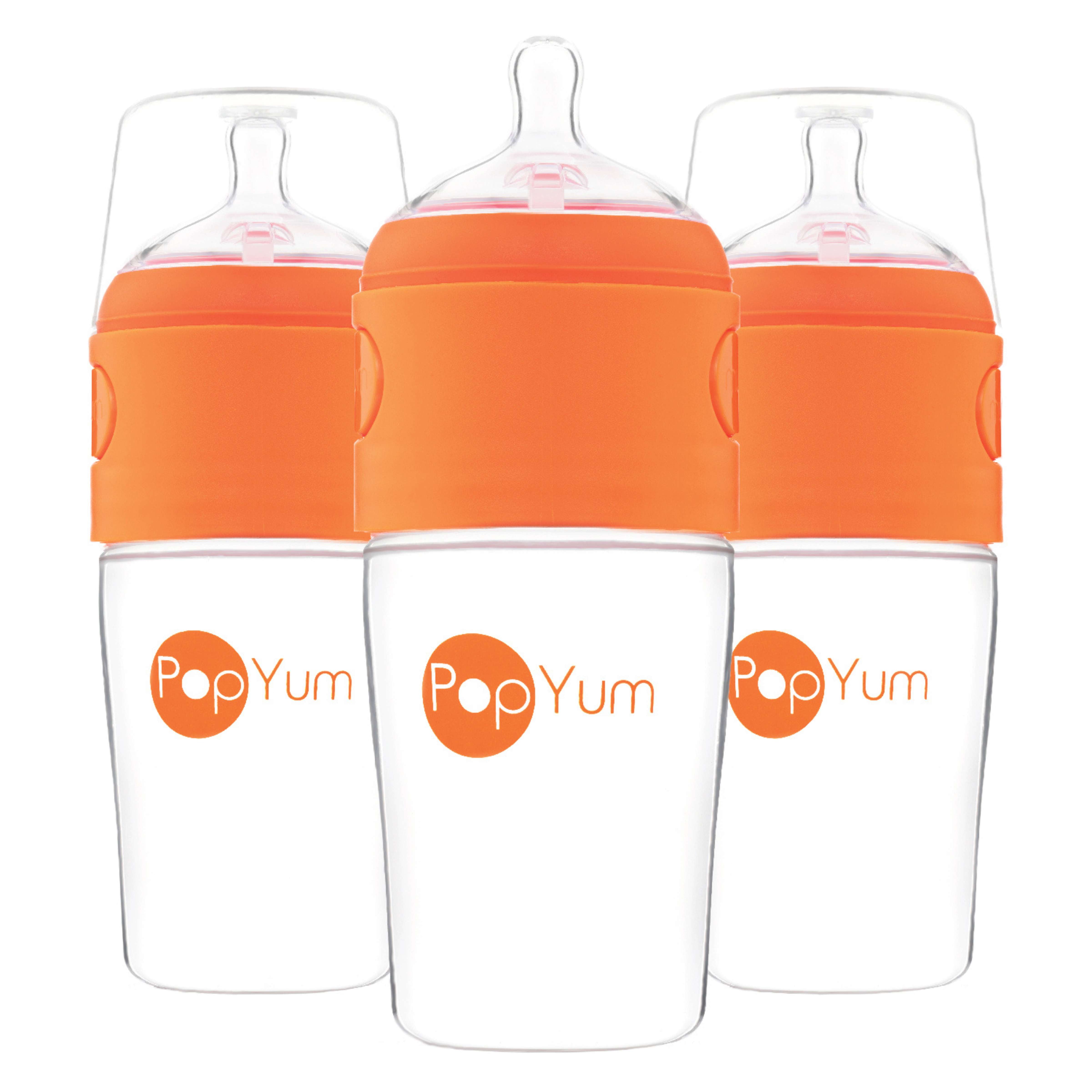 PopYum 9oz Anti-Colic Baby Bottle for Breast and Formula Feeding, 3-Pack, Orange, #2 Medium Flow Nipples - PopYum