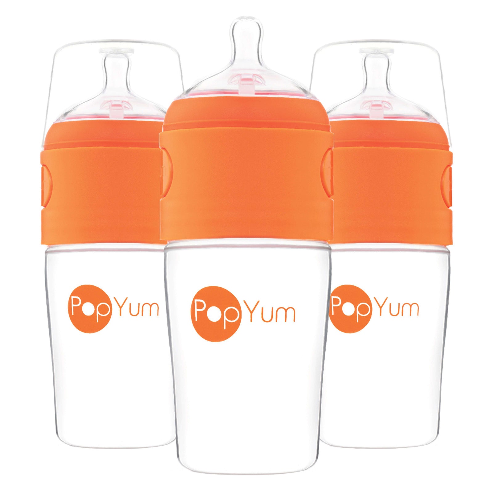 PopYum 9oz Anti-Colic Baby Bottle for Breast and Formula Feeding, 3-Pack, Orange, #2 Medium Flow Nipples - PopYum