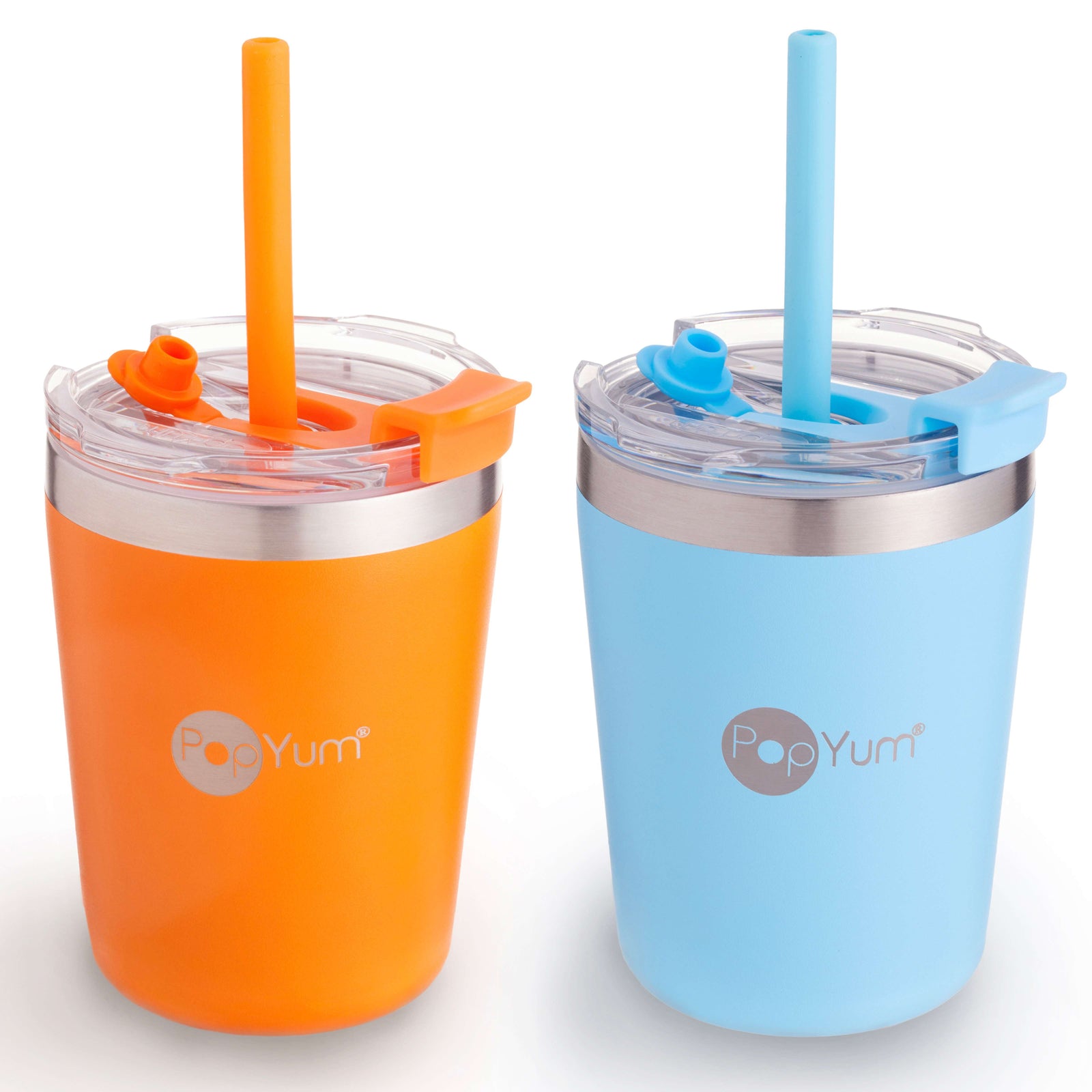 PopYum 9oz Insulated Stainless Steel Kids’ Cups with Lid and Straw, 2-Pack, Orange & Blue, stackable, sippy, baby, child, toddler, tumbler - PopYum