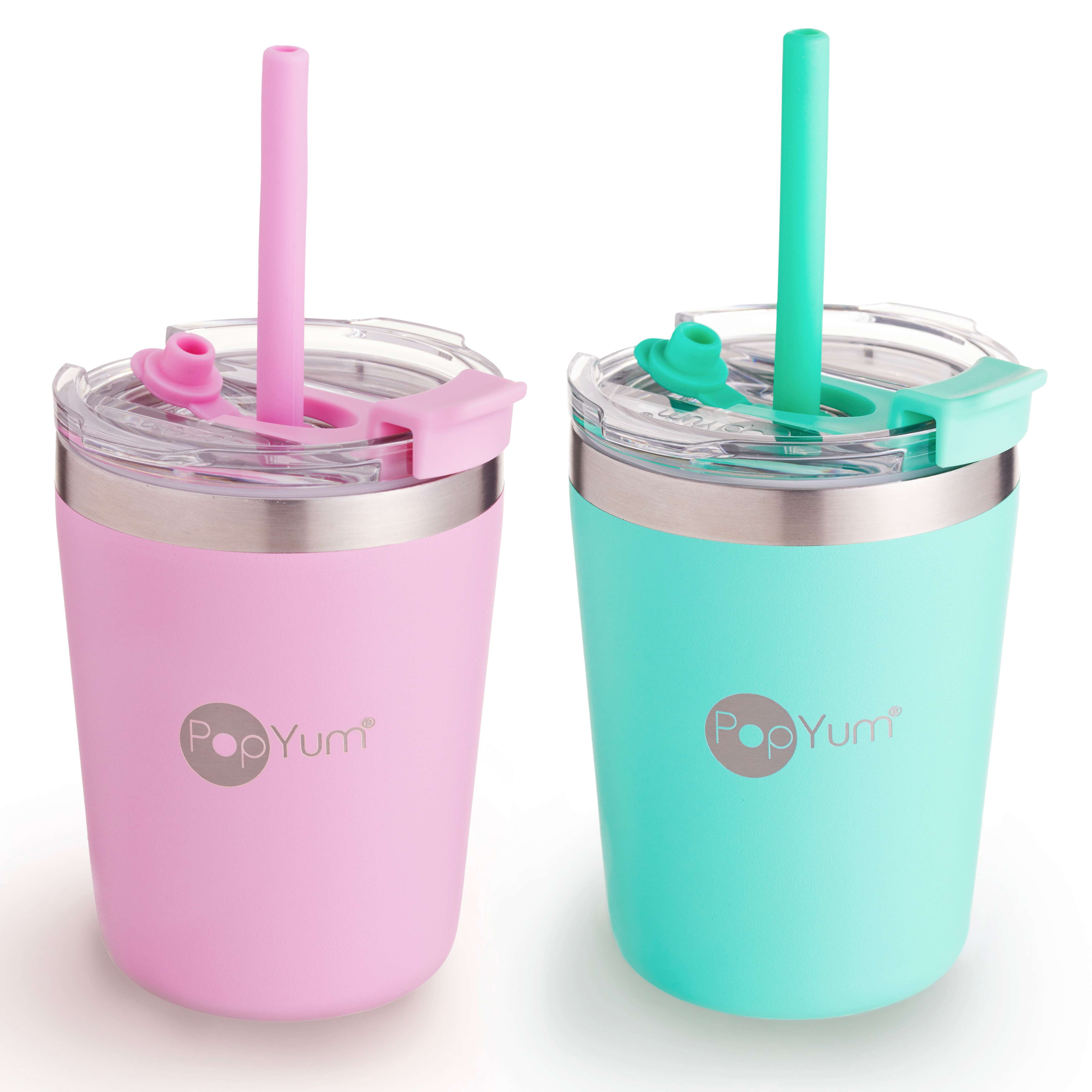 PopYum 9oz Insulated Stainless Steel Kids’ Cups with Lid and Straw, 2-Pack, Green & Pink, stackable, sippy, baby, child, toddler, tumbler - PopYum
