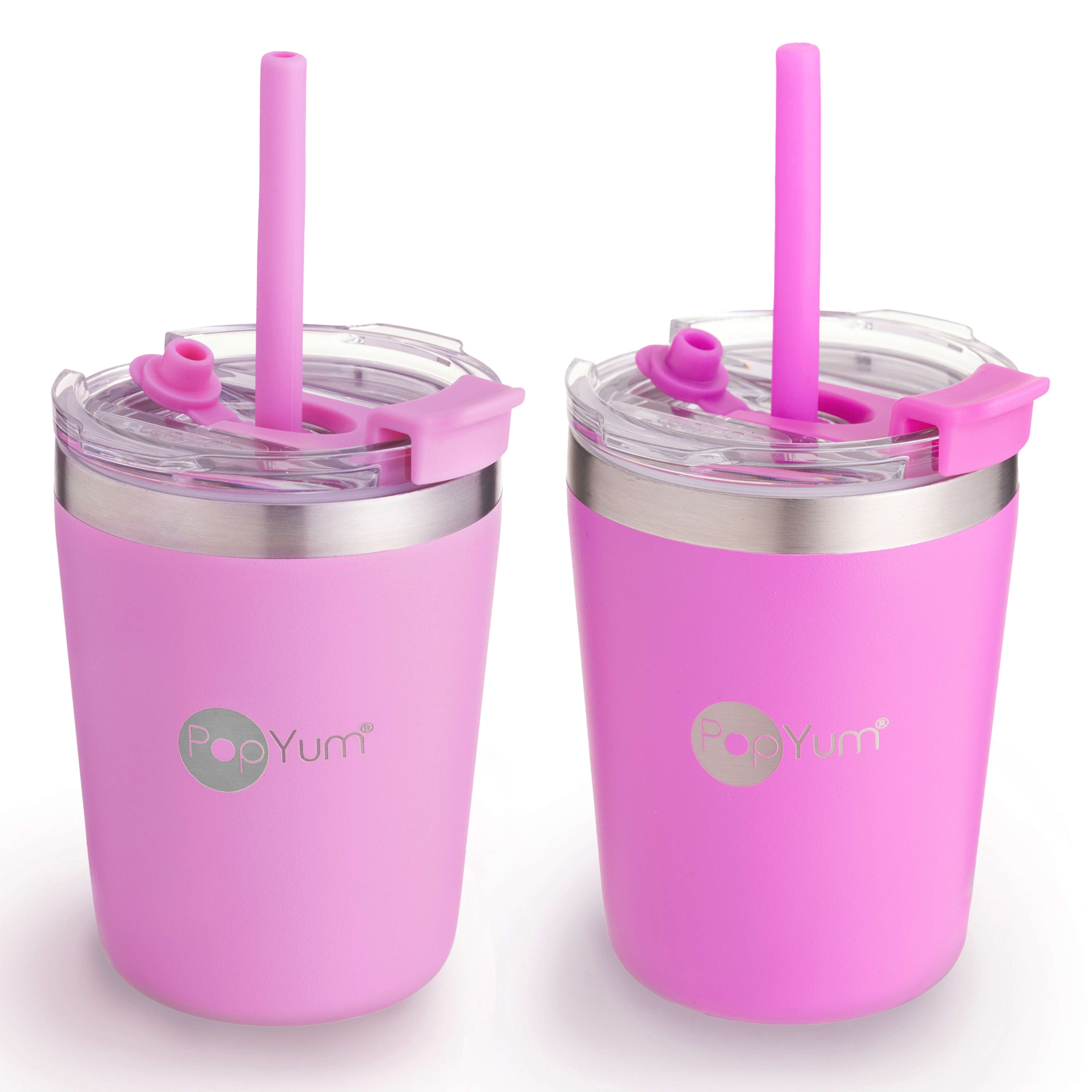 PopYum 9oz Insulated Stainless Steel Kids’ Cups with Lid and Straw, 2-Pack, Purple & Pink, stackable, sippy, baby, child, toddler, tumbler - PopYum