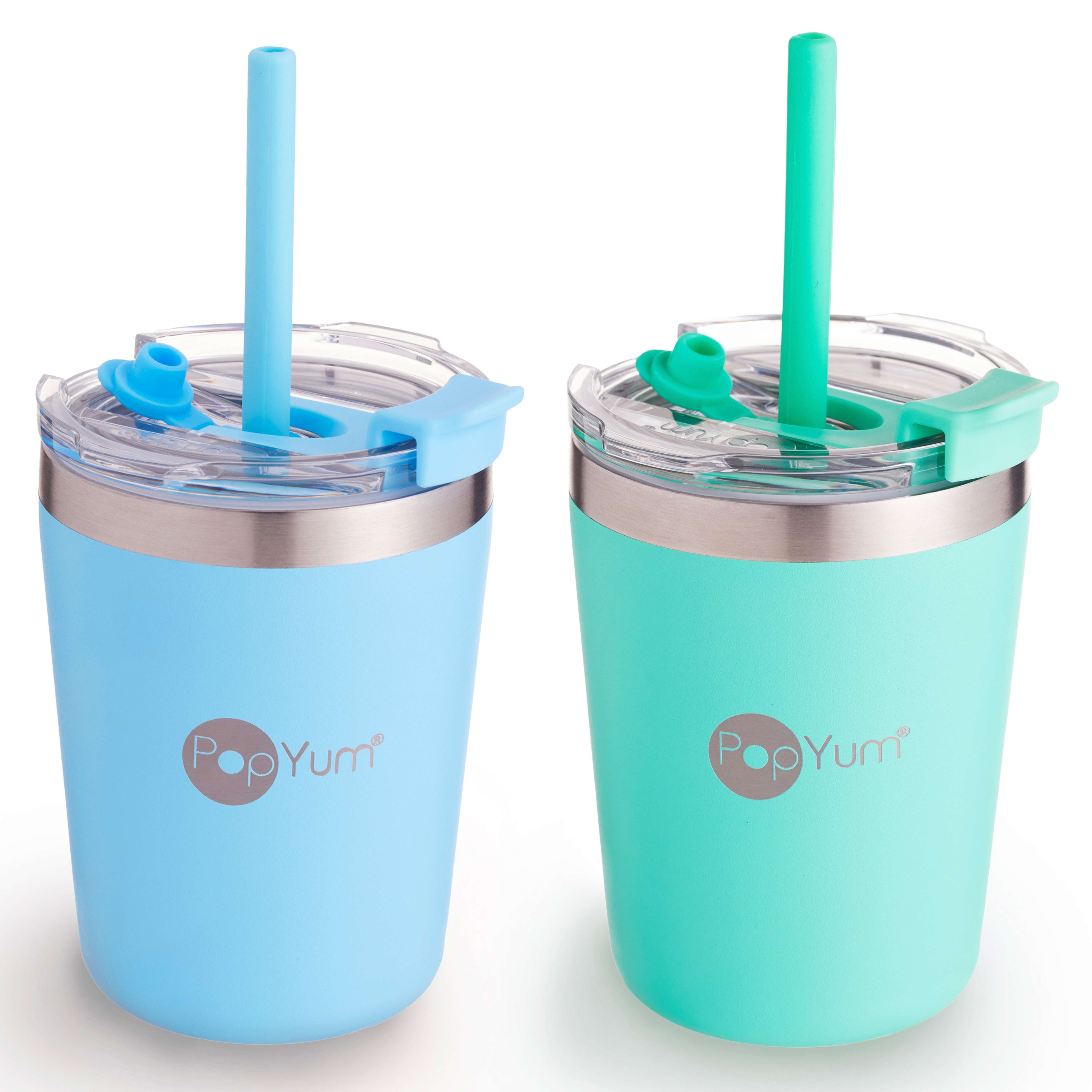 PopYum 9oz Insulated Stainless Steel Kids’ Cups with Lid and Straw, 2-Pack, Blue & Green, stackable, sippy, baby, child, toddler, tumbler - PopYum