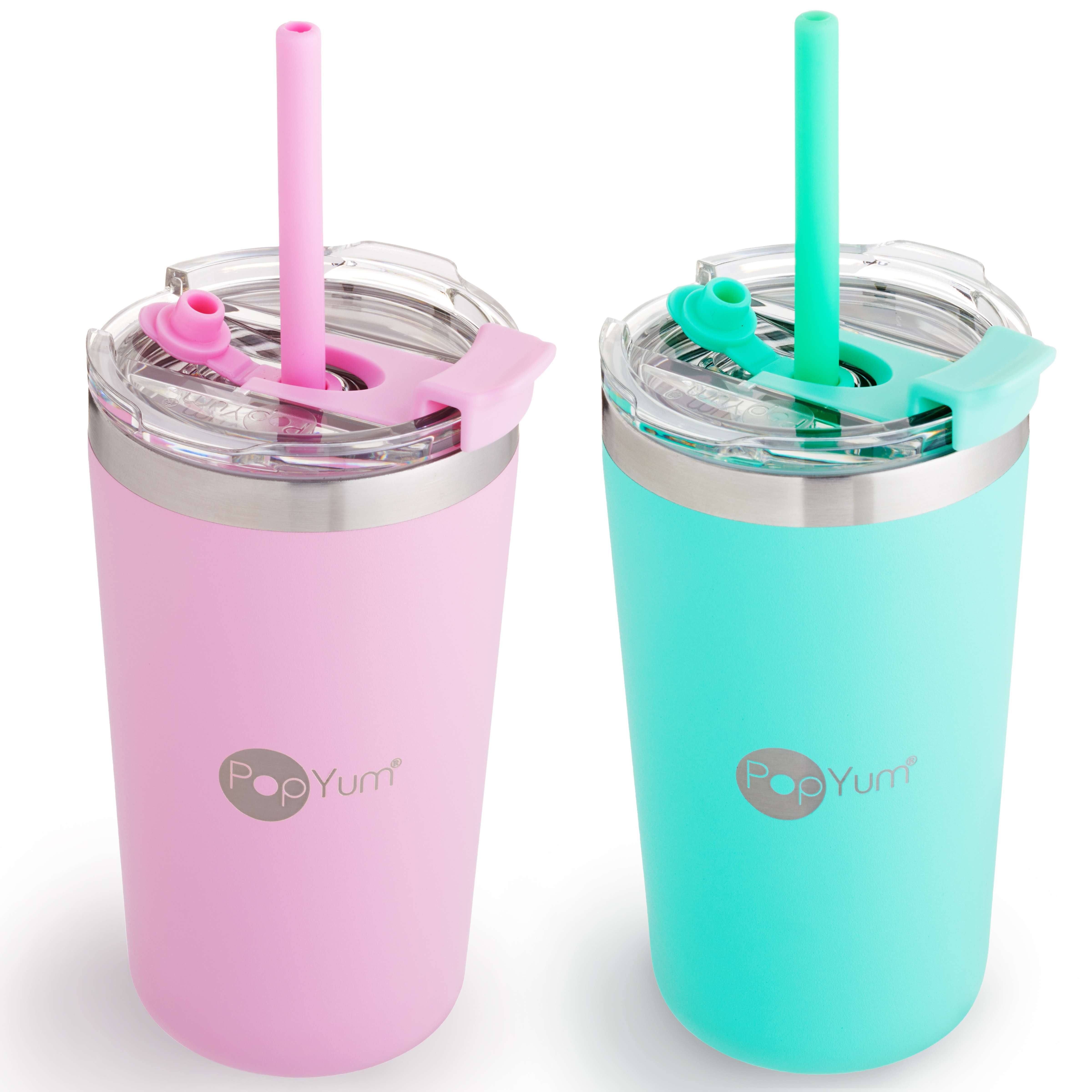 PopYum 13oz Insulated Stainless Steel Kids’ Cups with Lid and Straw, 2-Pack, Green & Pink, stackable, sippy, baby, child, toddler, tumbler - PopYum