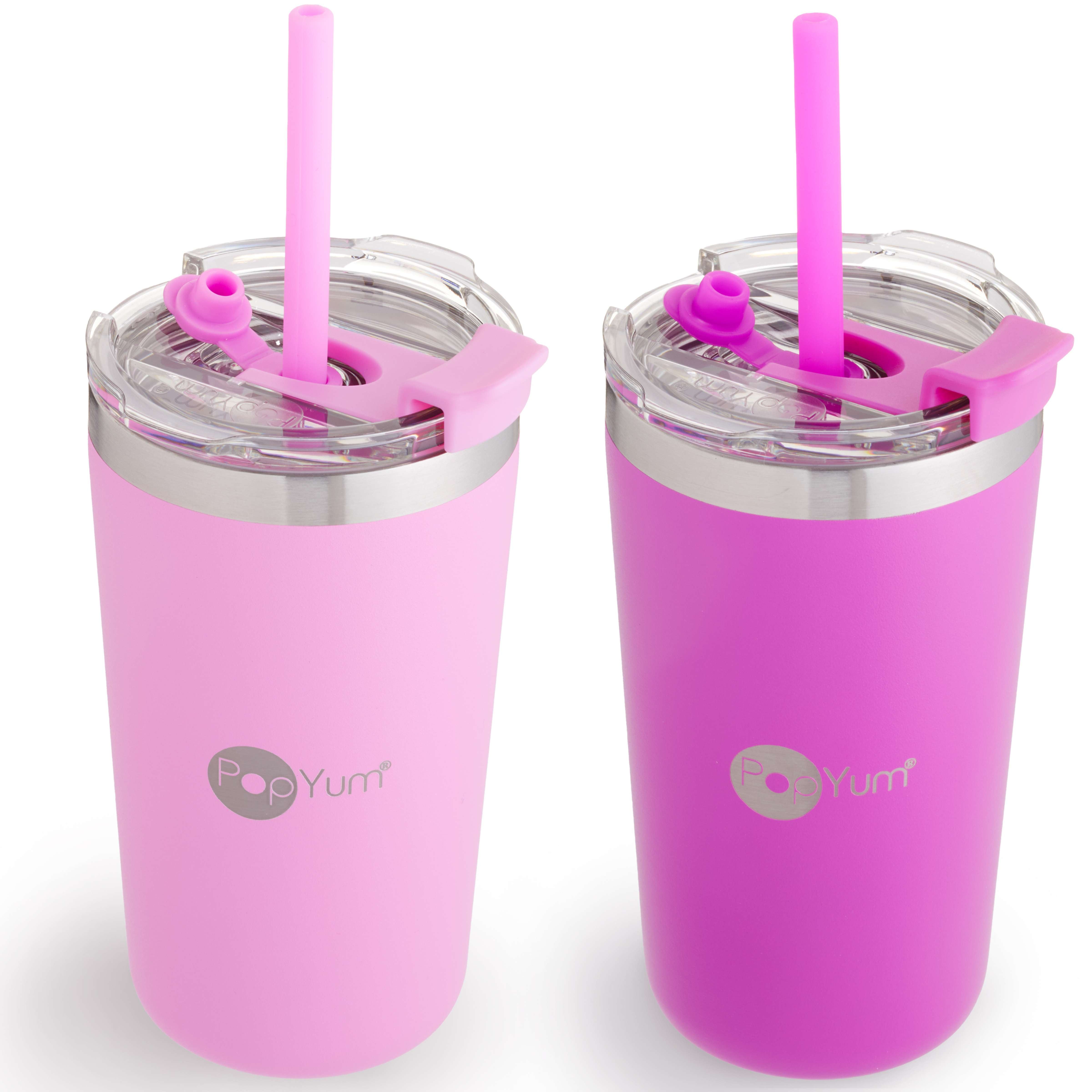 PopYum 13oz Insulated Stainless Steel Kids’ Cups with Lid and Straw, 2-Pack, Purple & Pink, stackable, sippy, baby, child, toddler, tumbler - PopYum