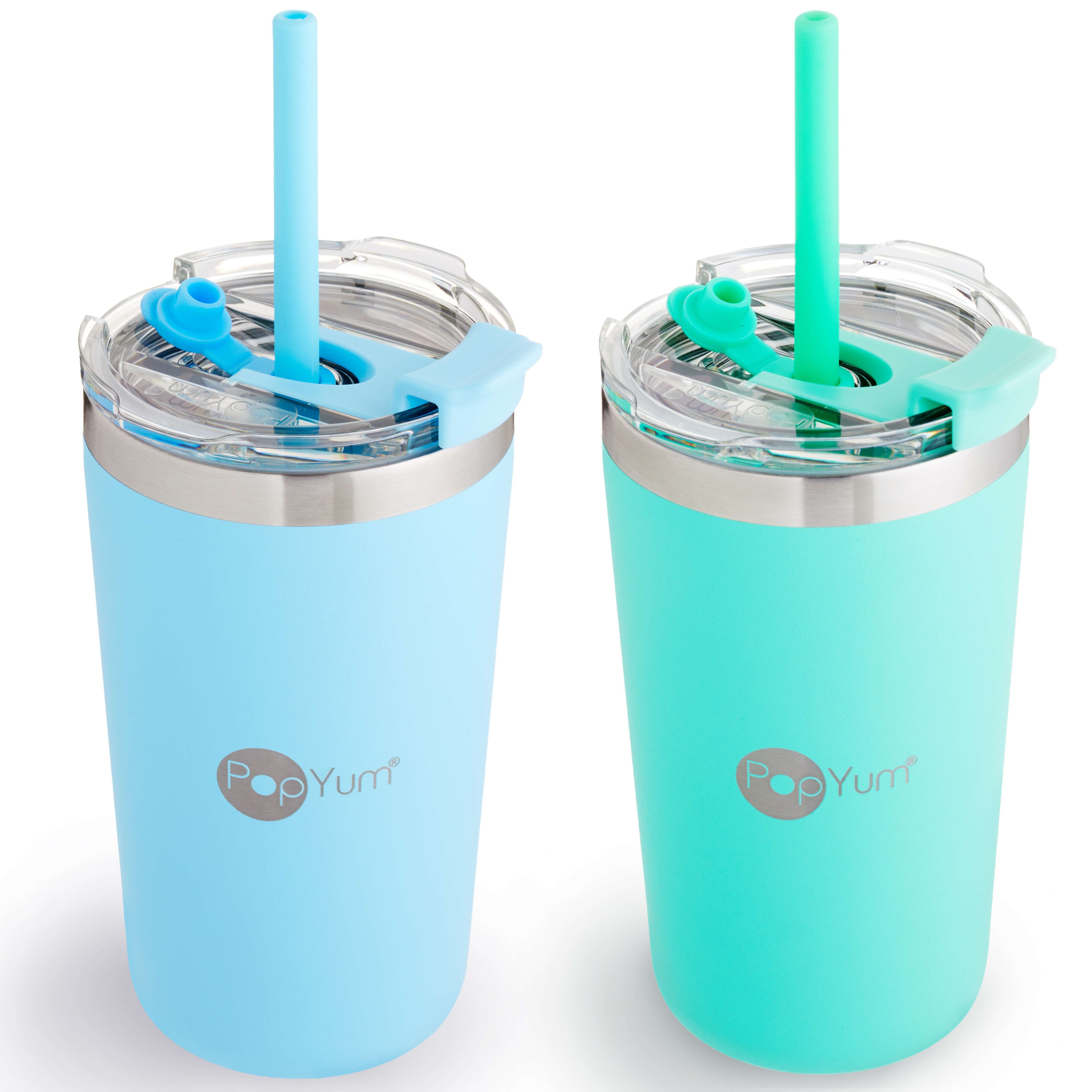 PopYum 13oz Insulated Stainless Steel Kids’ Cups with Lid and Straw, 2-Pack, Blue & Green, stackable, sippy, baby, child, toddler, tumbler - PopYum