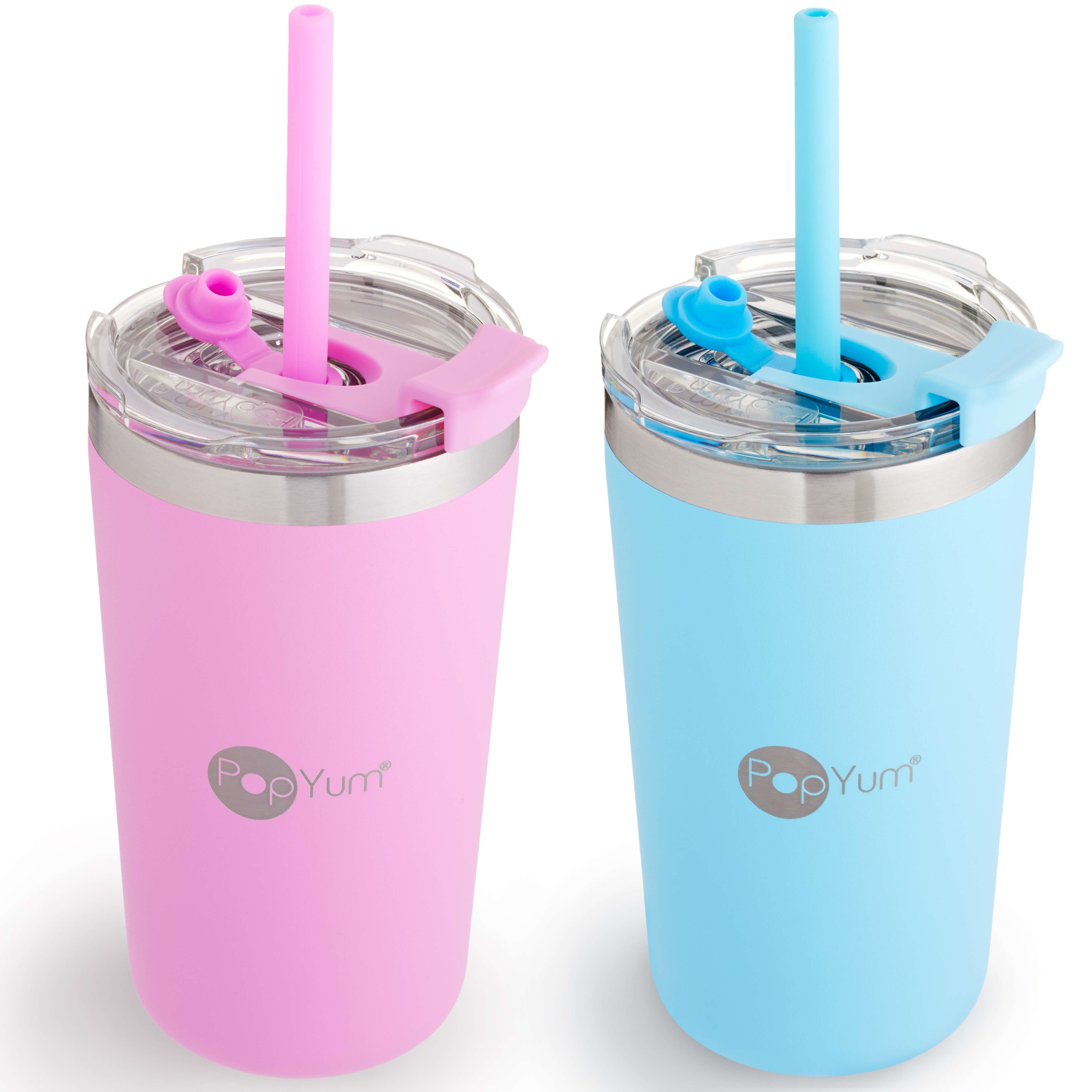 PopYum 13oz Insulated Stainless Steel Kids’ Cups with Lid and Straw, 2-Pack, Blue & Pink, stackable, sippy, baby, child, toddler, tumbler - PopYum