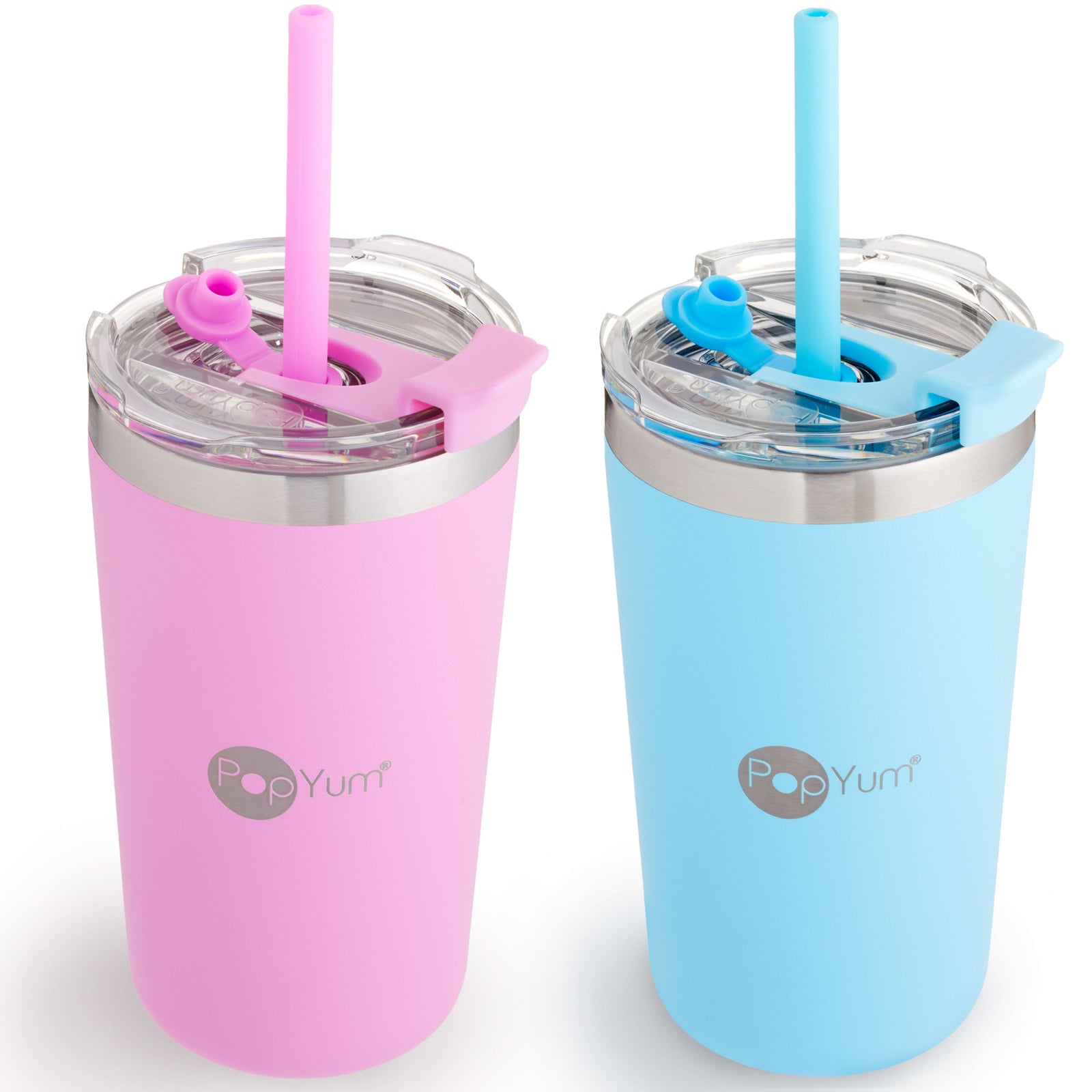 PopYum 13oz Insulated Stainless Steel Kids’ Cups with Lid and Straw, 2-Pack, Blue & Pink, stackable, sippy, baby, child, toddler, tumbler - PopYum