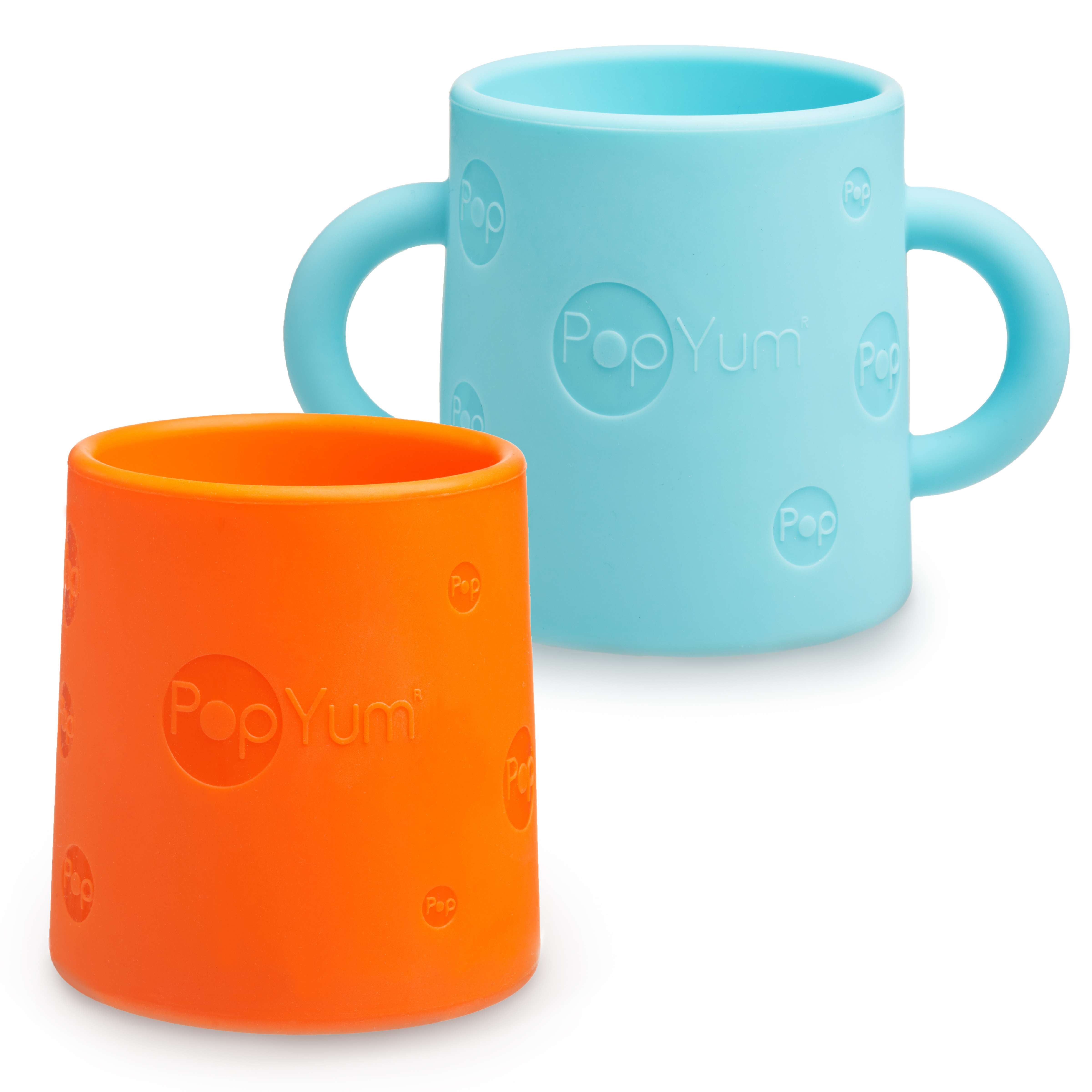 PopYum Silicone Training Cup 2-Pack for Baby and Toddler, handles, BPA Free, self feeding training, tumbler (sky blue and PopYum orange) - PopYum