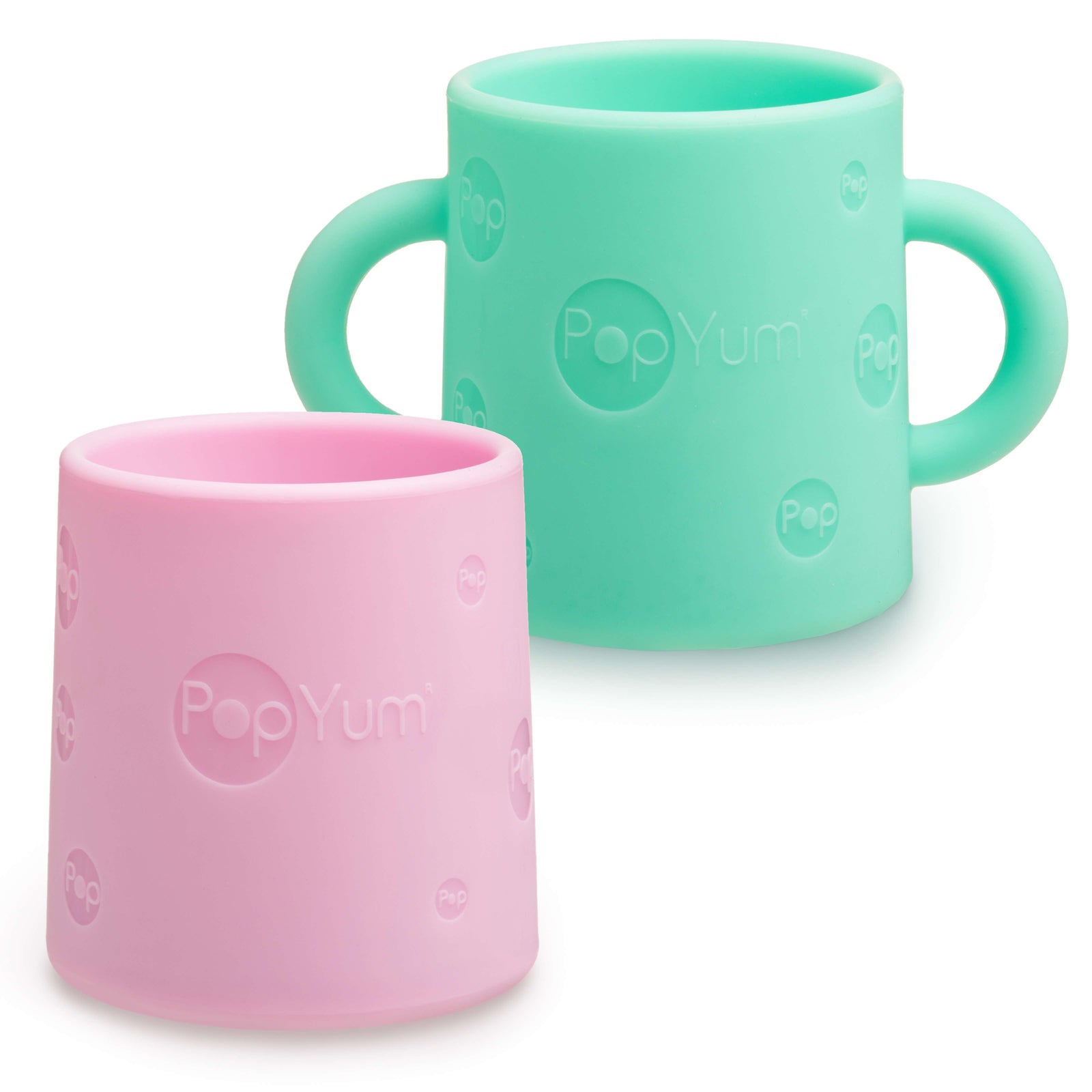 PopYum Silicone Training Cup 2-Pack for Baby and Toddler, handles, BPA Free, self feeding training, tumbler (mint green and pastel pink) - PopYum
