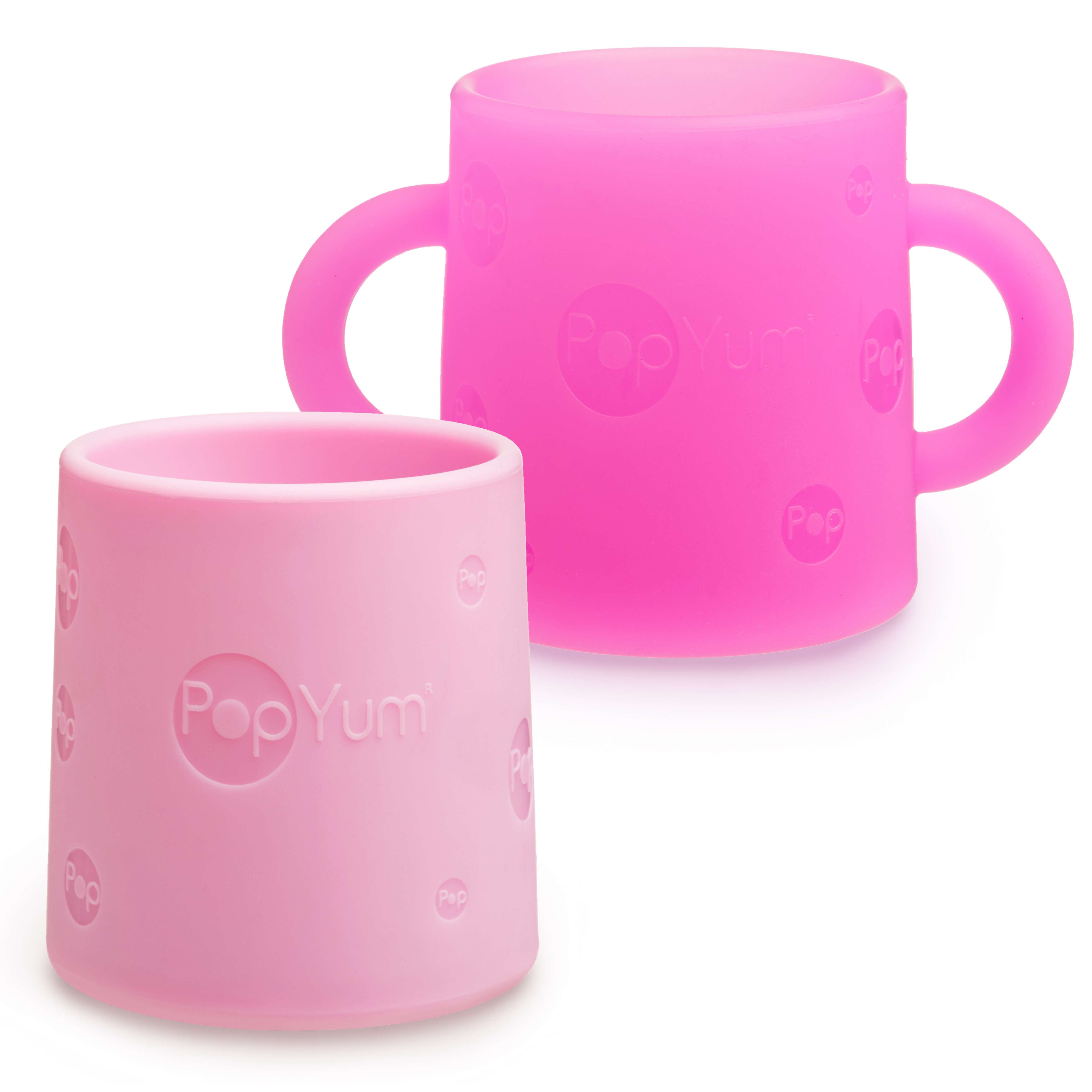 PopYum Silicone Training Cup 2-Pack for Baby and Toddler, handles, BPA Free, self feeding training, tumbler (electric purple and orchid pink) - PopYum