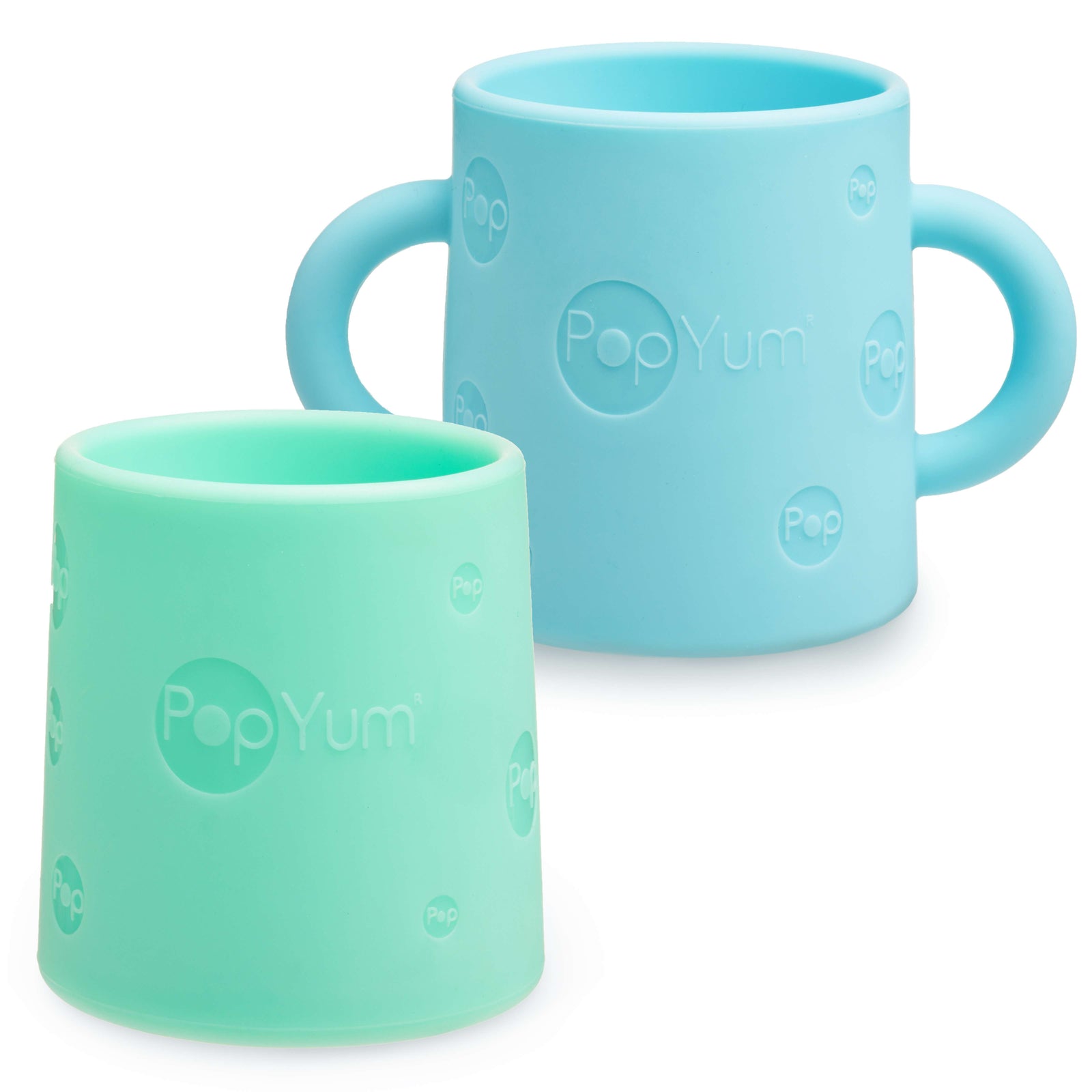 PopYum Silicone Training Cup 2-Pack for Baby and Toddler, handles, BPA Free, self feeding training, tumbler (sky blue and mint green) - PopYum