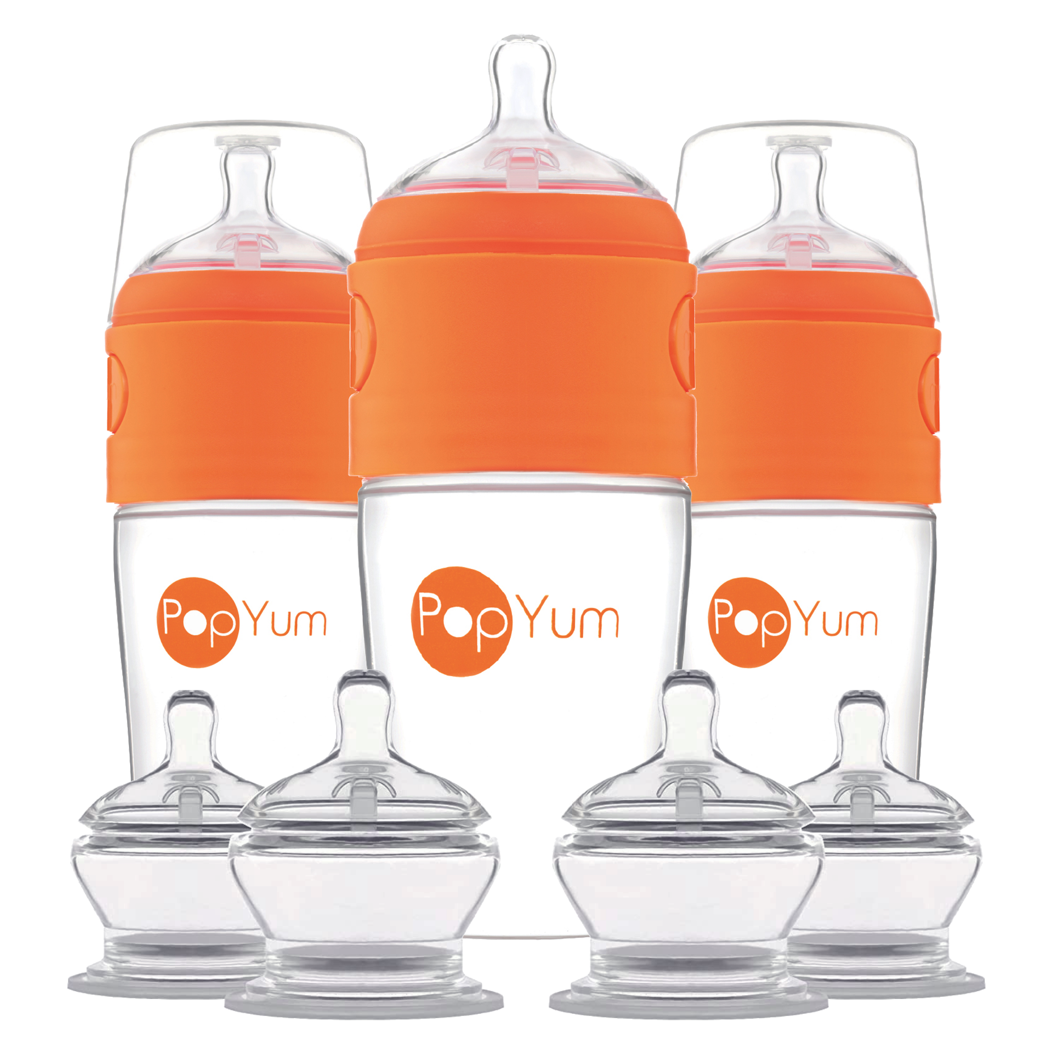 PopYum Orange 7 Piece Bundle: 9oz Bottle 3-Pack + 2 Nipple 2-Packs