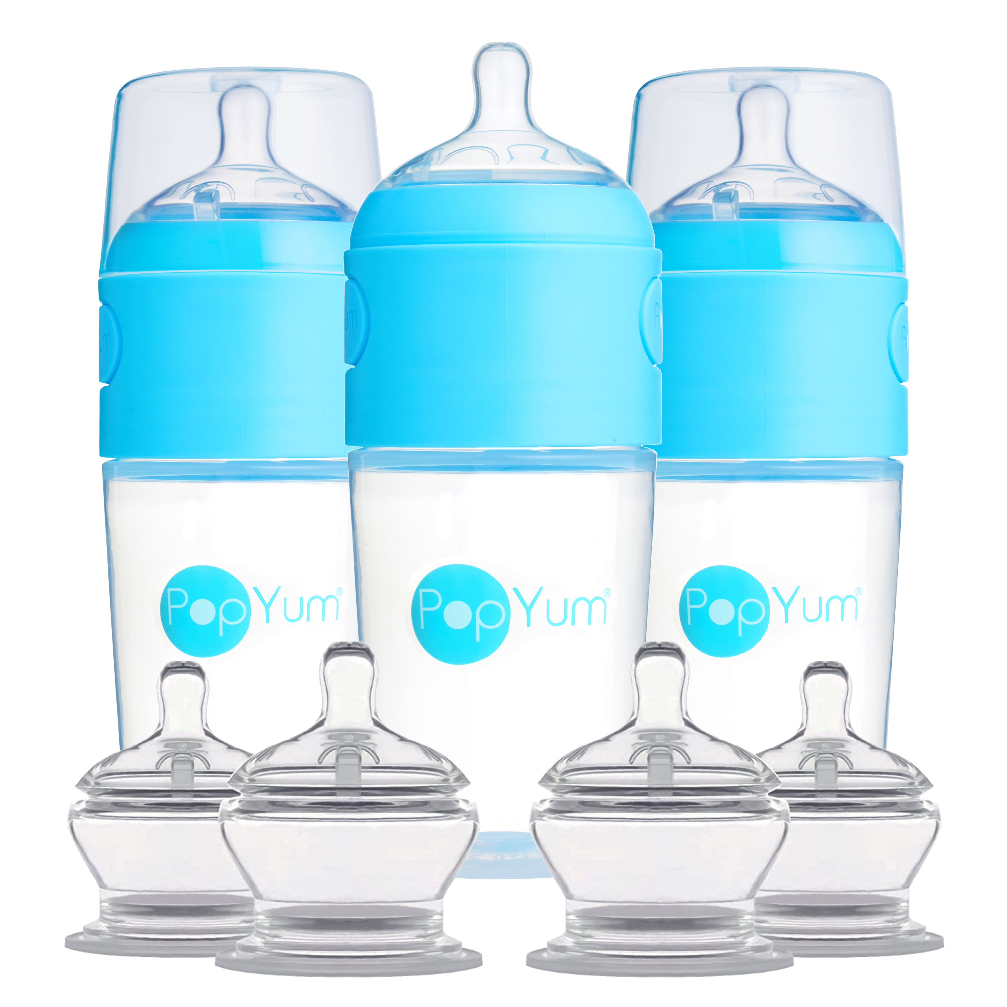 PopYum Blue 7 Piece Bundle: 9oz Bottle 3-Pack + 2 Nipple 2-Packs