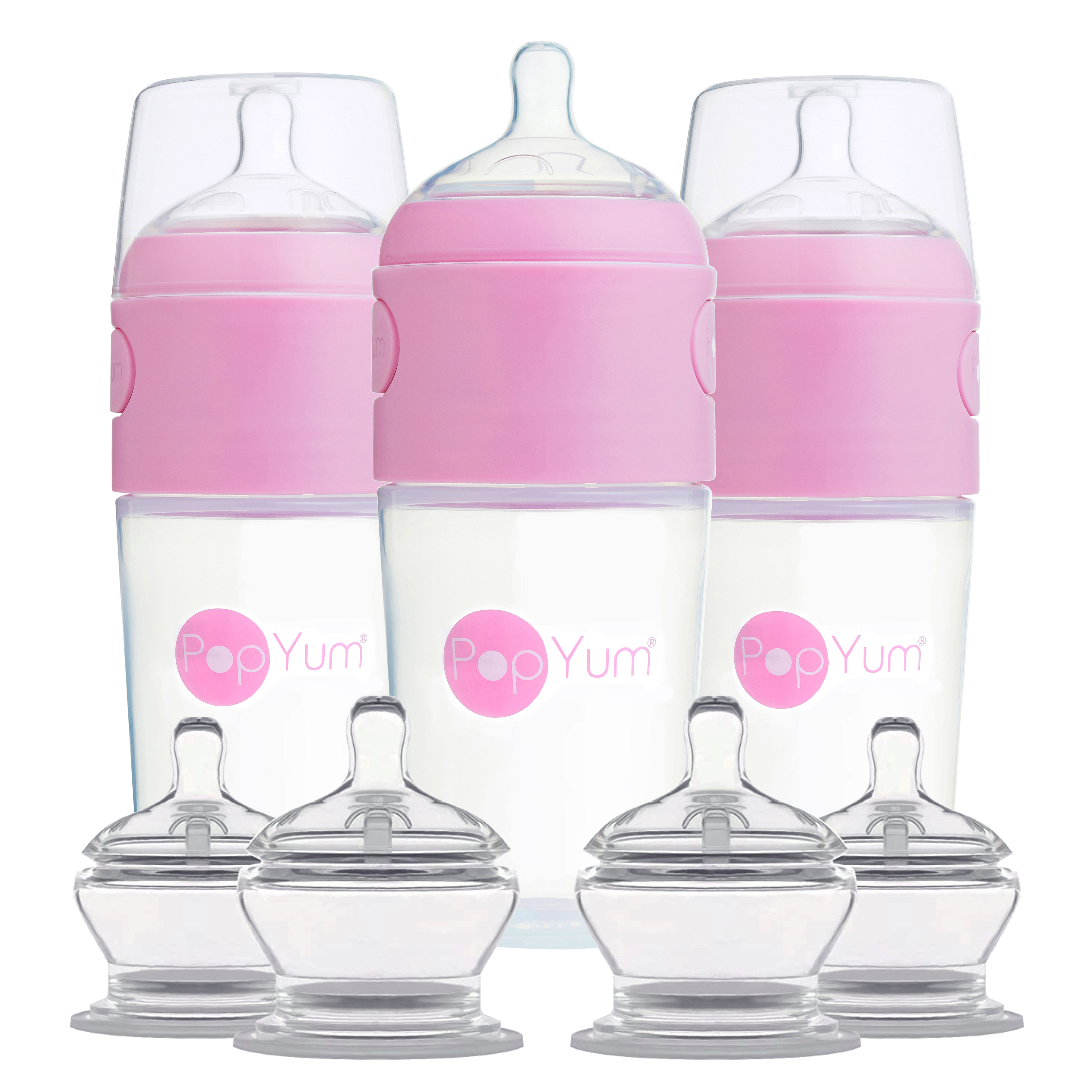 PopYum Pink 7 Piece Bundle: 9oz Bottle 3-Pack + 2 Nipple 2-Packs
