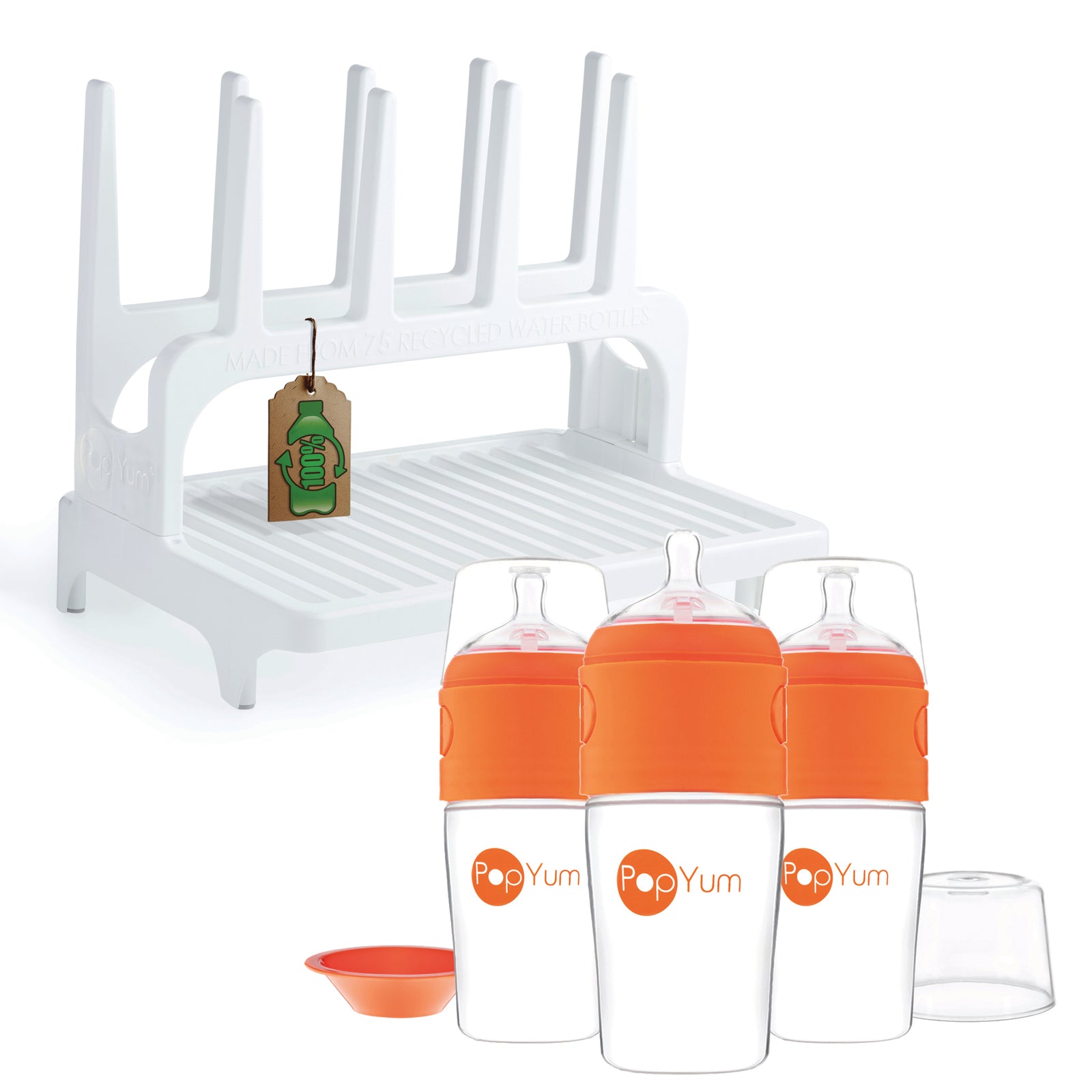 PopYum 9 oz Orange Formula Making Baby Bottle 3-Pack with White Drying Rack Bundle - PopYum