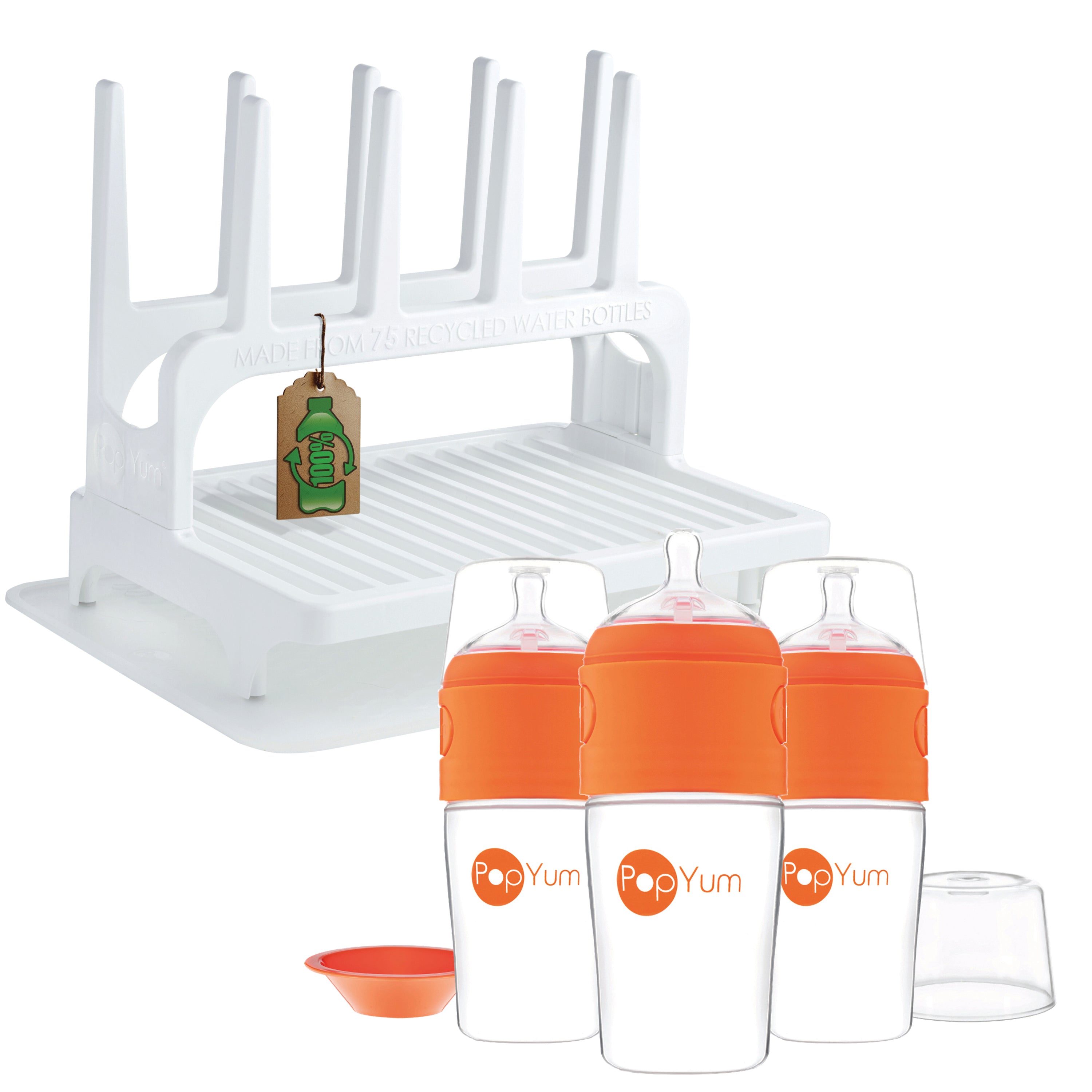 PopYum 9 oz Orange Formula Making Baby Bottle 3-Pk with White Drying Rack & Clear Drying Mat Bundle - PopYum
