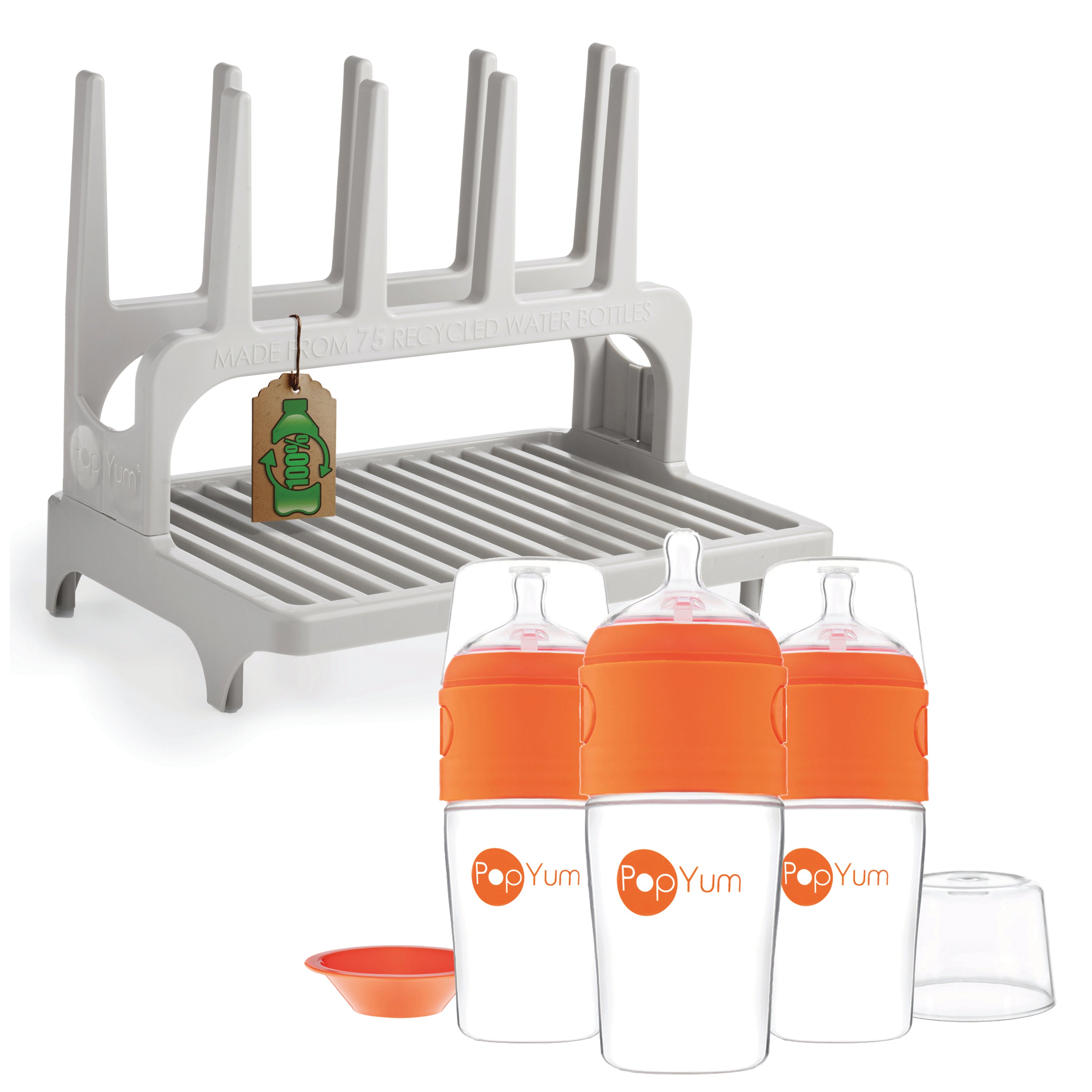 PopYum 9 oz Orange Formula Making Baby Bottle 3-Pack with Gray Drying Rack Bundle - PopYum