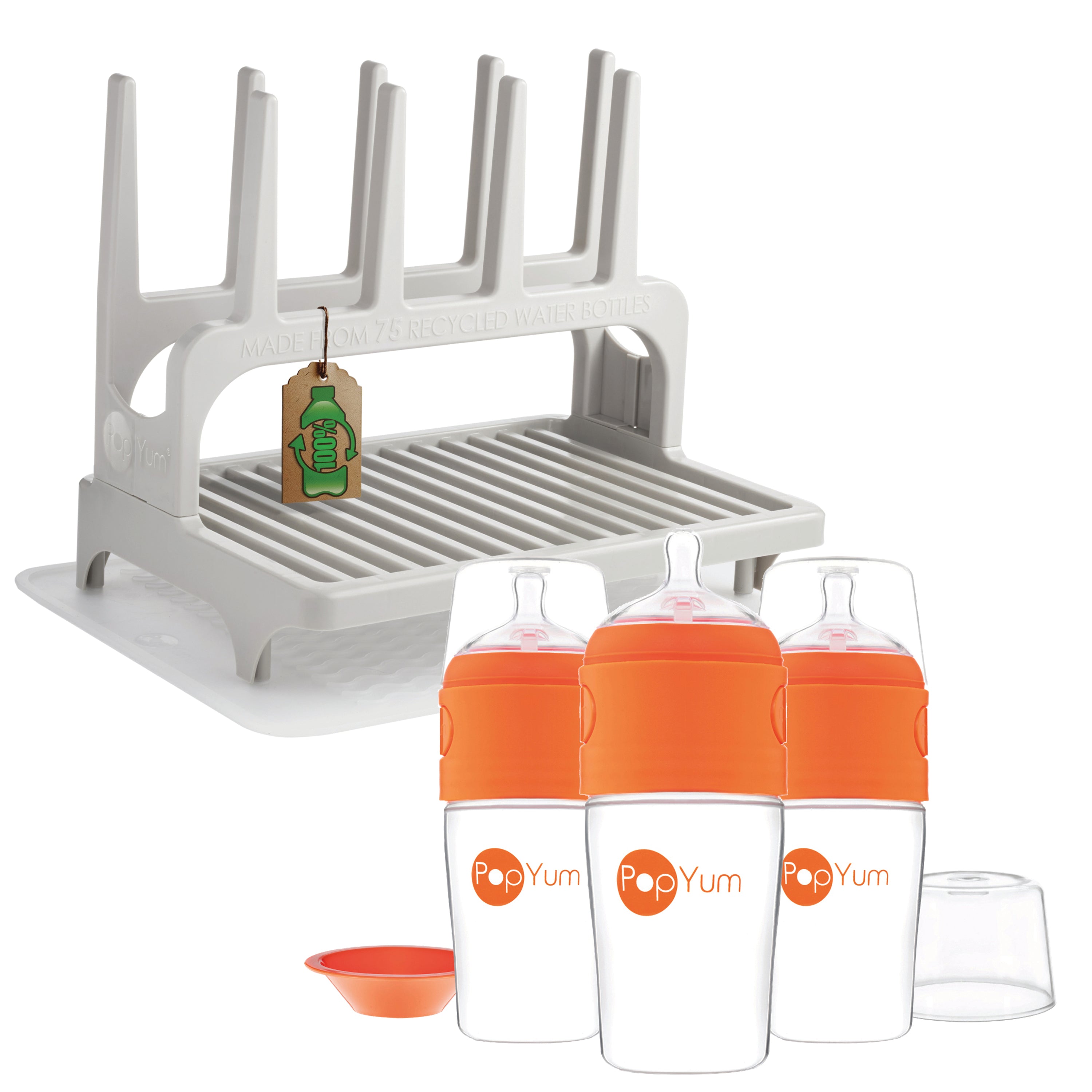 PopYum 9 oz Orange Formula Making Baby Bottle 3-Pk with Gray Drying Rack & Clear Drying Mat Bundle - PopYum
