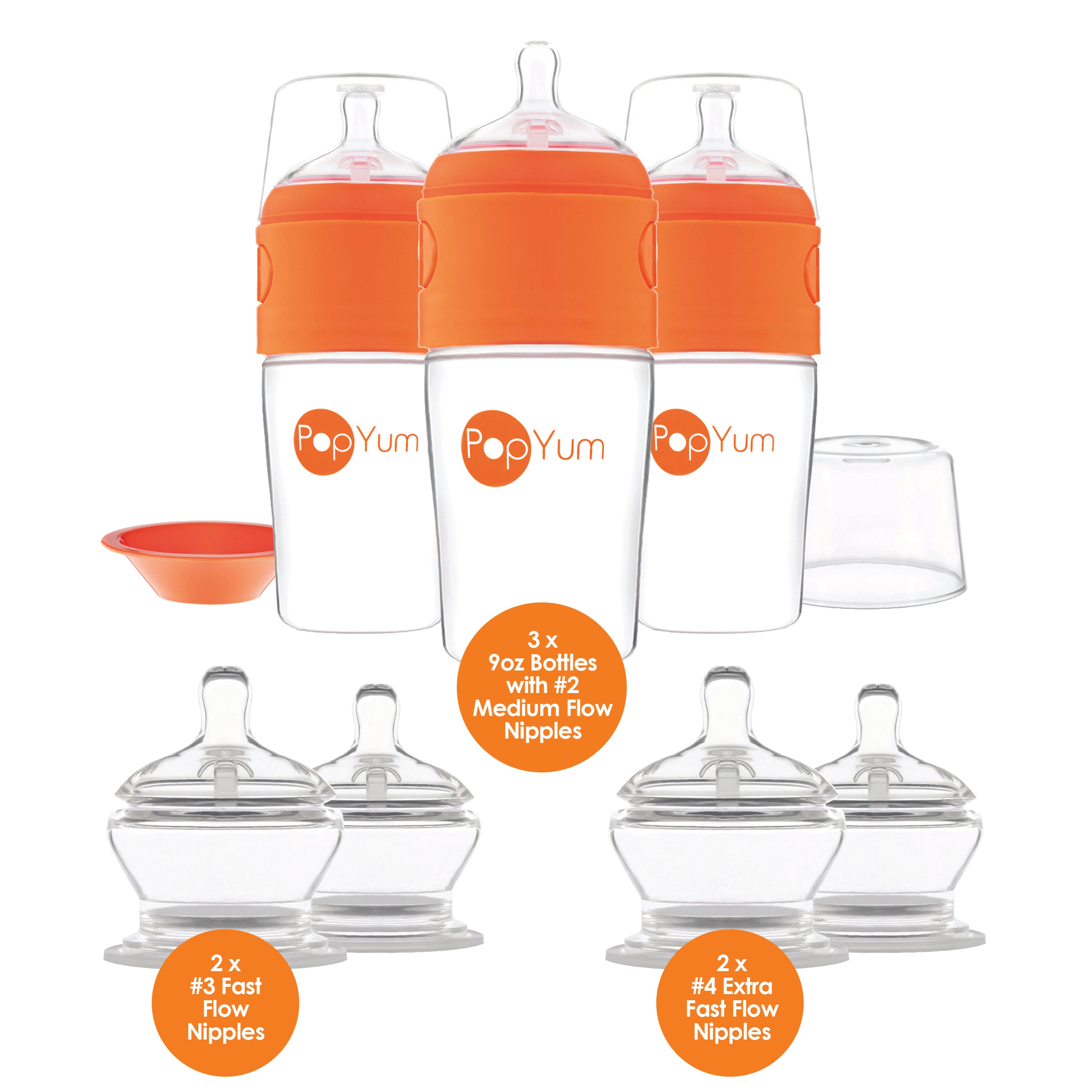 PopYum Orange 7 Piece Bundle: 9oz Bottle 3-Pack + 2 Nipple 2-Packs - PopYum