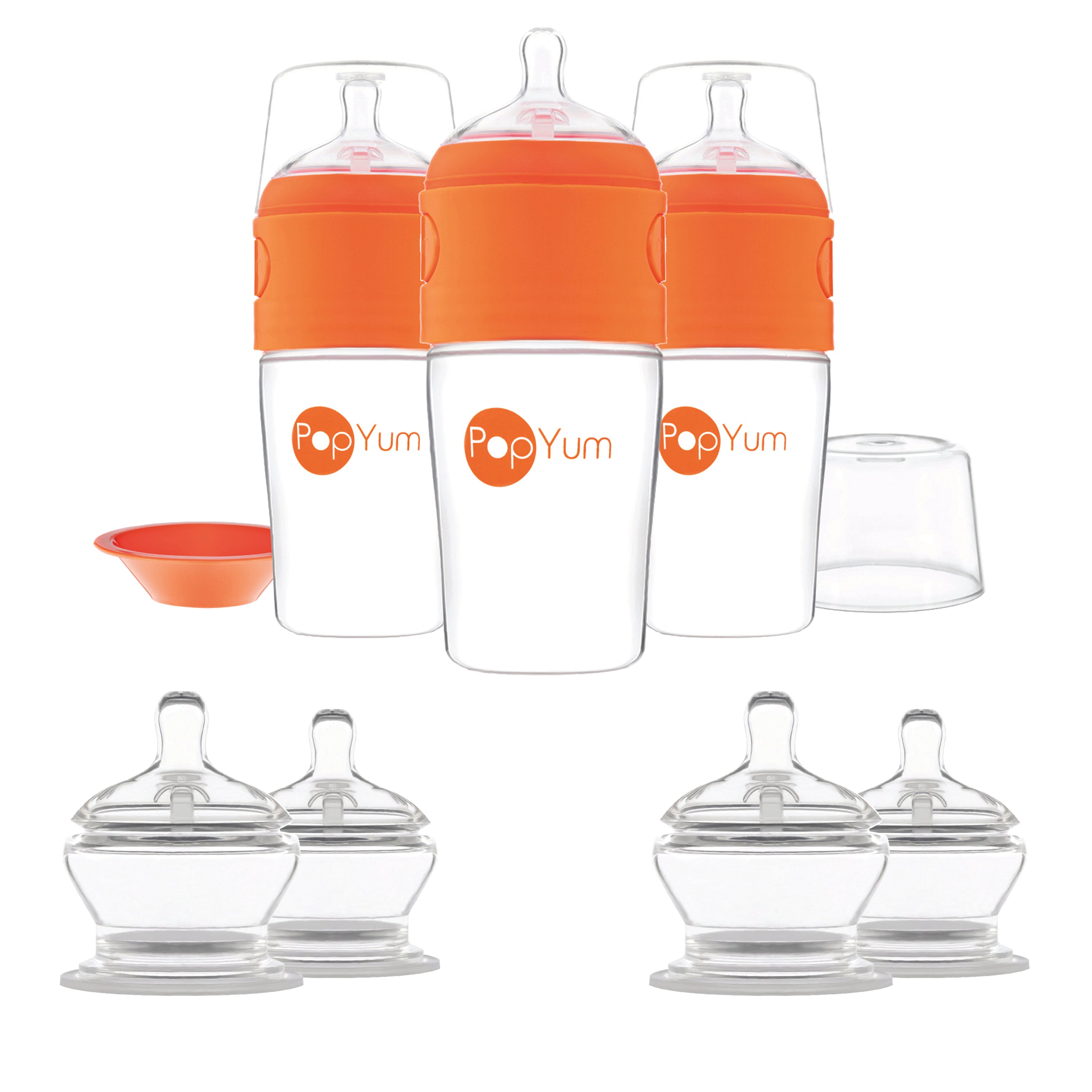PopYum Orange 7 Piece Bundle: 9oz Bottle 3-Pack + 2 Nipple 2-Packs - PopYum