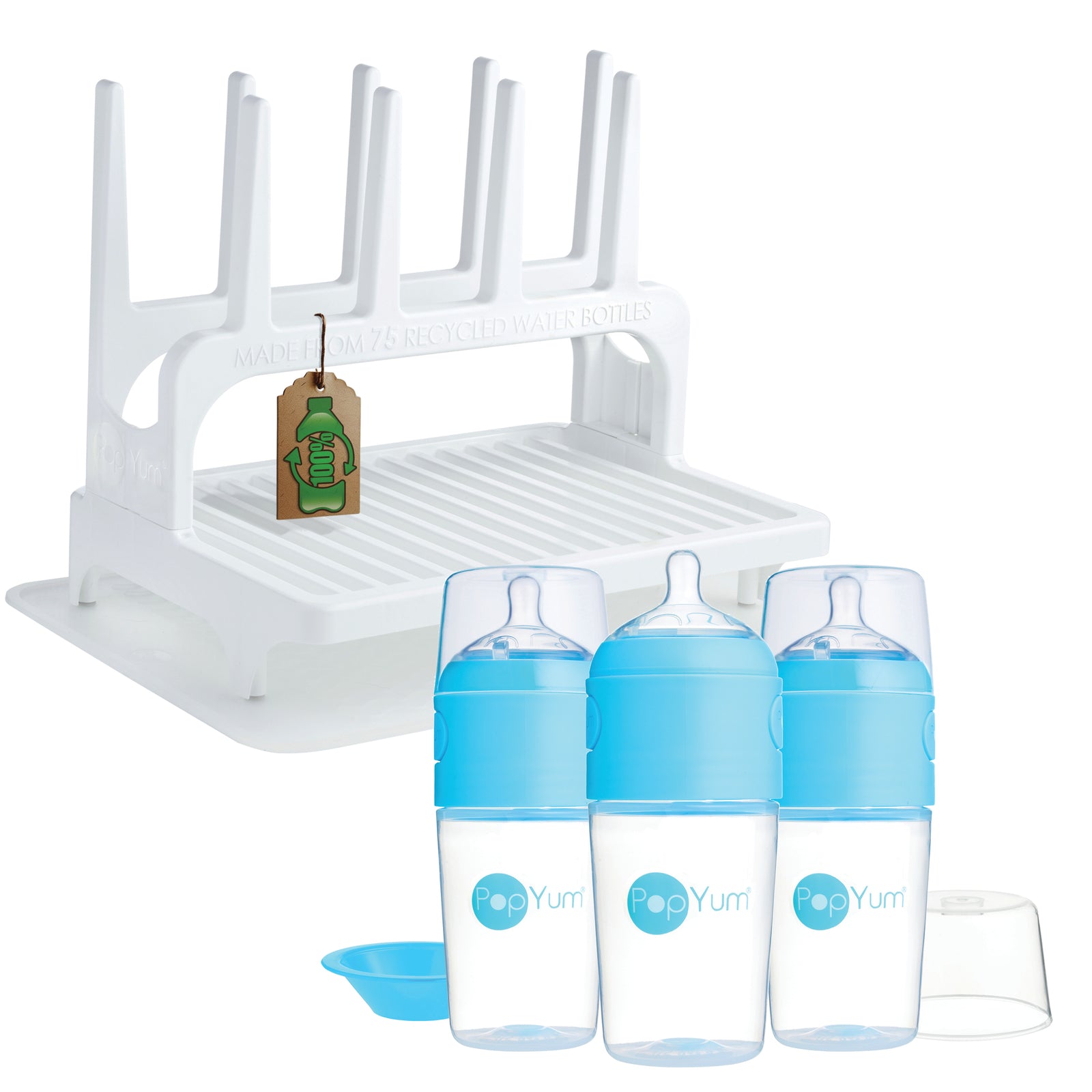 PopYum 9 oz Blue Formula Making Baby Bottle 3-Pk with White Drying Rack & Clear Drying Mat Bundle - PopYum