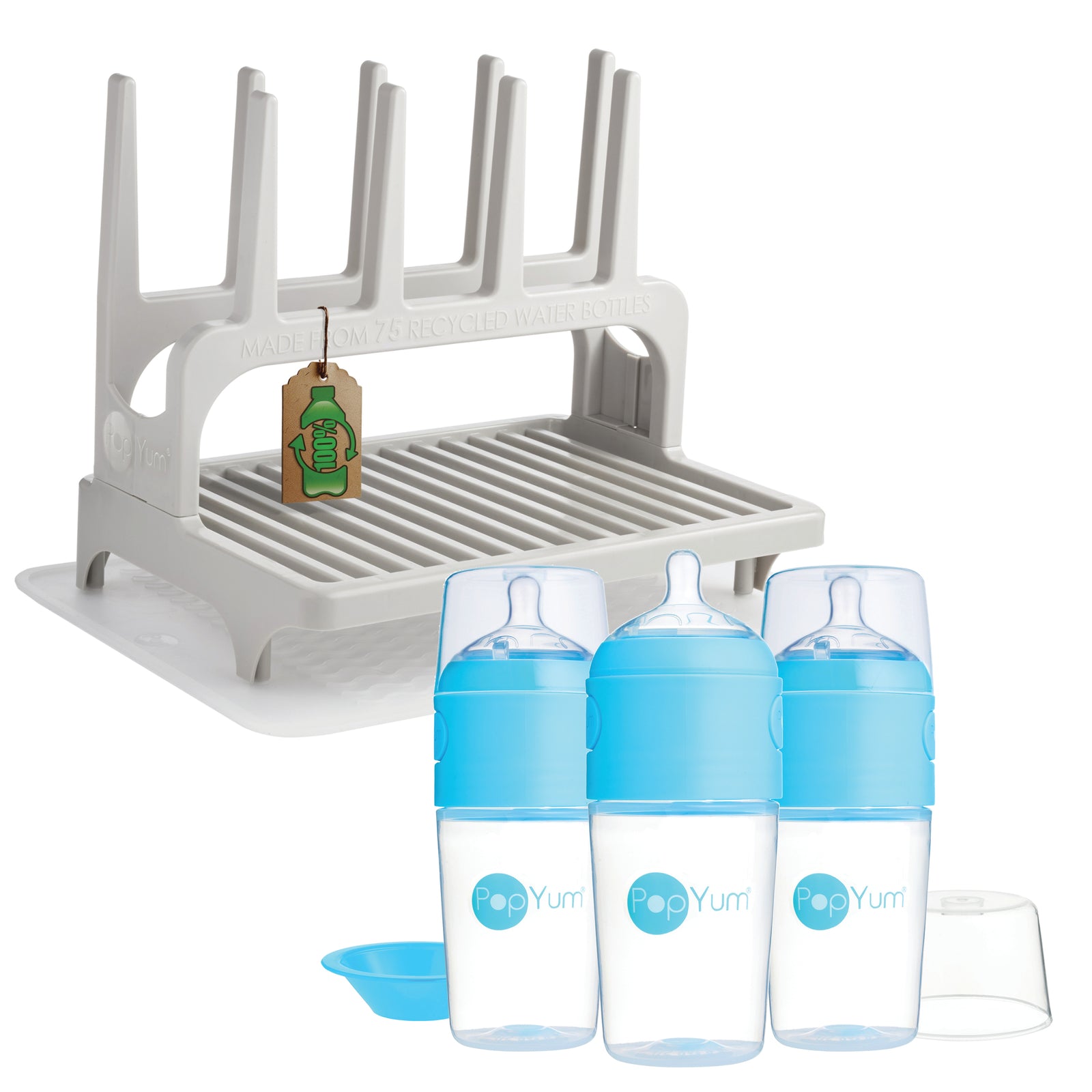PopYum 9 oz Blue Formula Making Baby Bottle 3-Pk with Gray Drying Rack & Clear Drying Mat Bundle - PopYum
