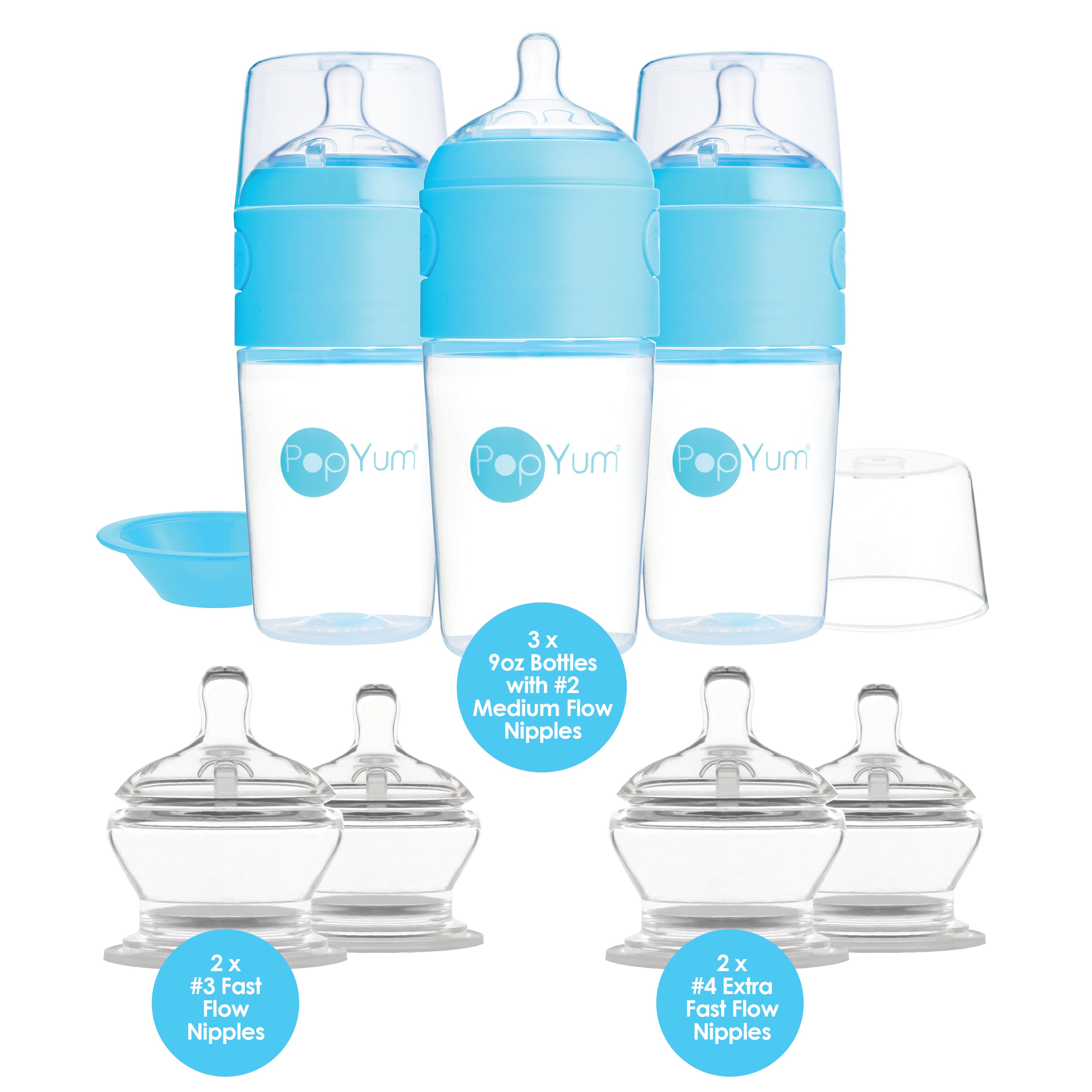 PopYum Blue 7 Piece Bundle: 9oz Bottle 3-Pack + 2 Nipple 2-Packs - PopYum