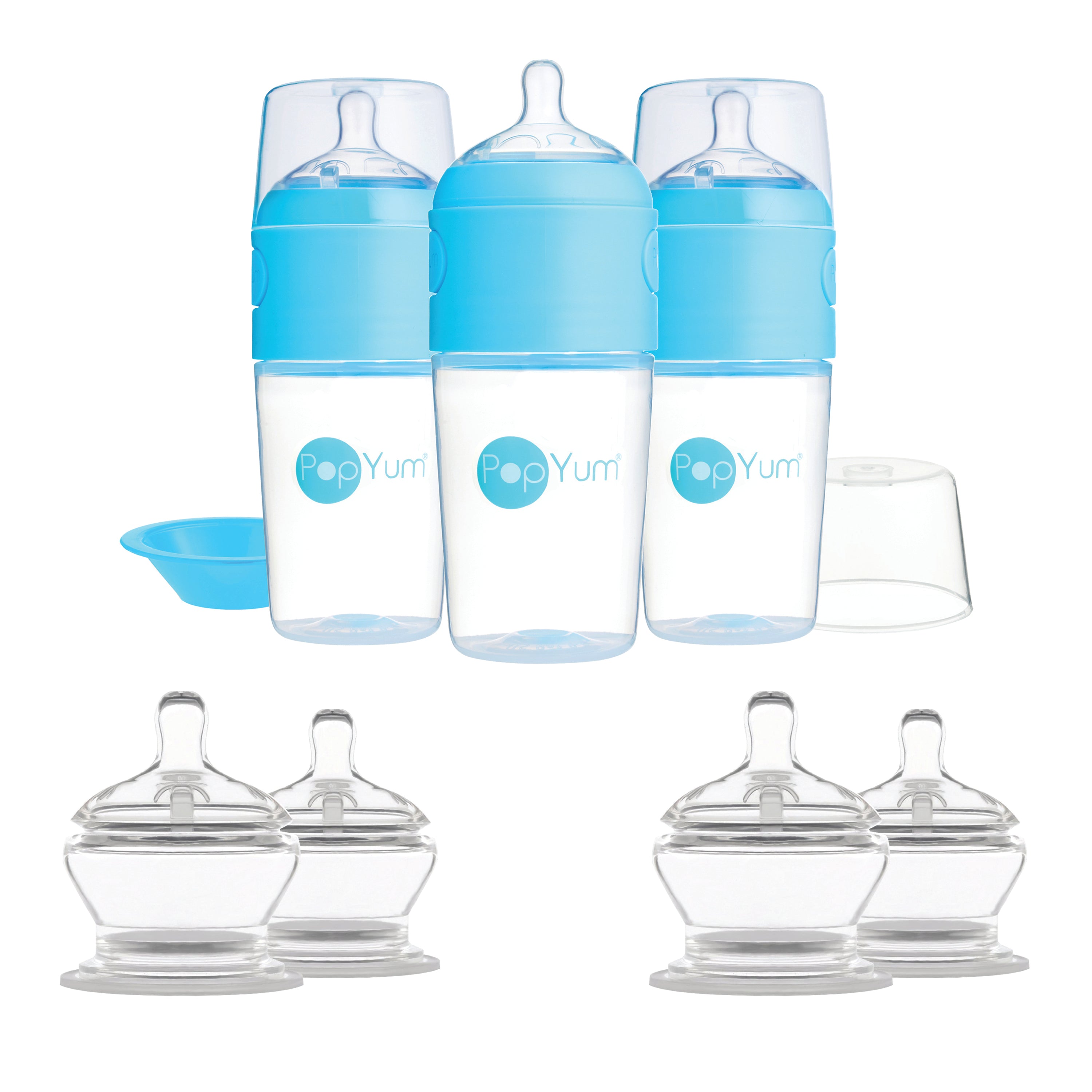 PopYum Blue 7 Piece Bundle: 9oz Bottle 3-Pack + 2 Nipple 2-Packs - PopYum