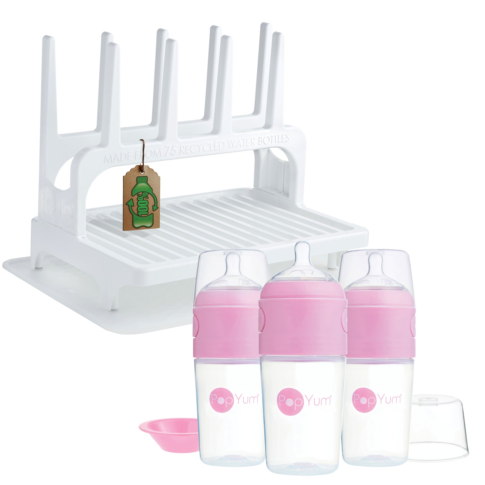 PopYum 9 oz Pink Formula Making Baby Bottle 3-Pk with White Drying Rack & Clear Drying Mat Bundle - PopYum