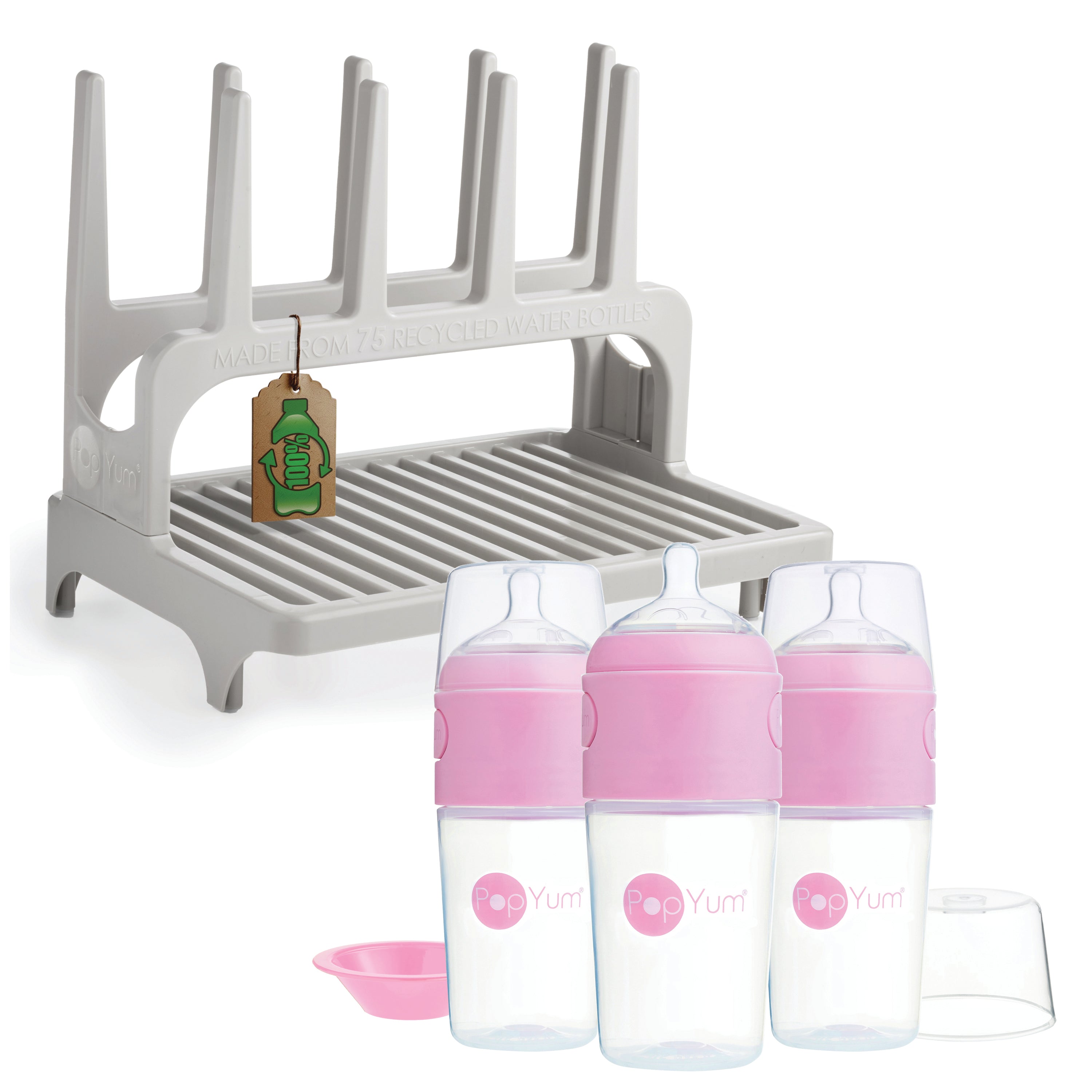 PopYum 9 oz Pink Formula Making Baby Bottle 3-Pack with Gray Drying Rack Bundle - PopYum