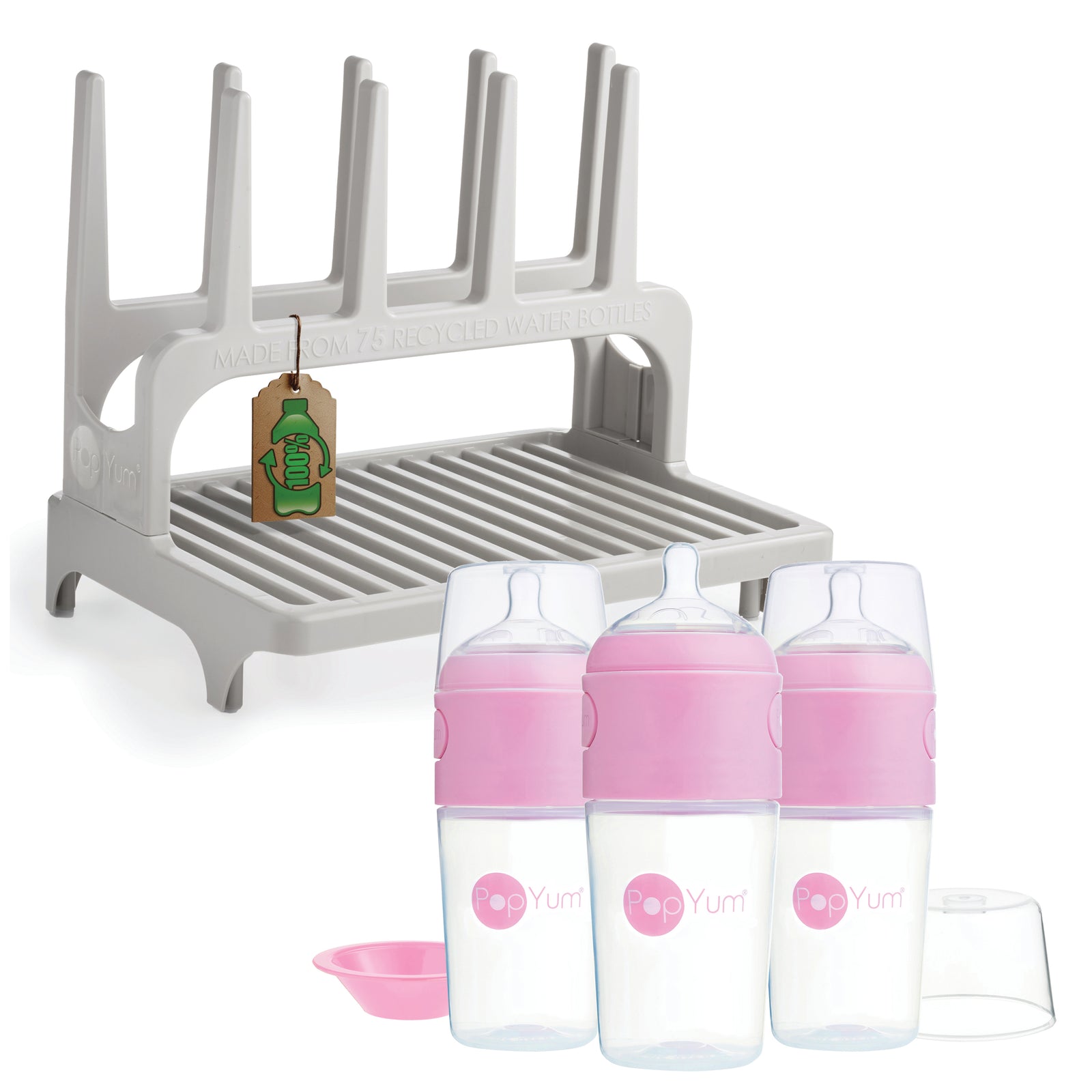 PopYum 9 oz Pink Formula Making Baby Bottle 3-Pack with Gray Drying Rack Bundle - PopYum