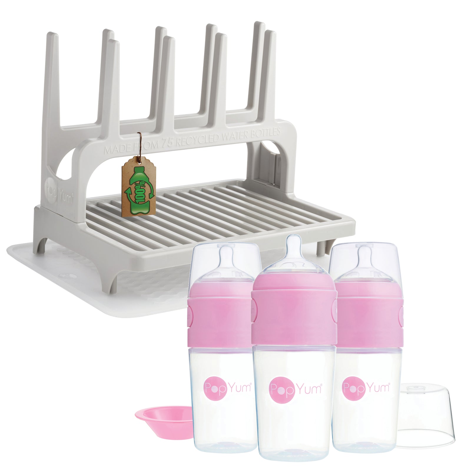 PopYum 9 oz Pink Formula Making Baby Bottle 3-Pk with Gray Drying Rack & Clear Drying Mat Bundle - PopYum