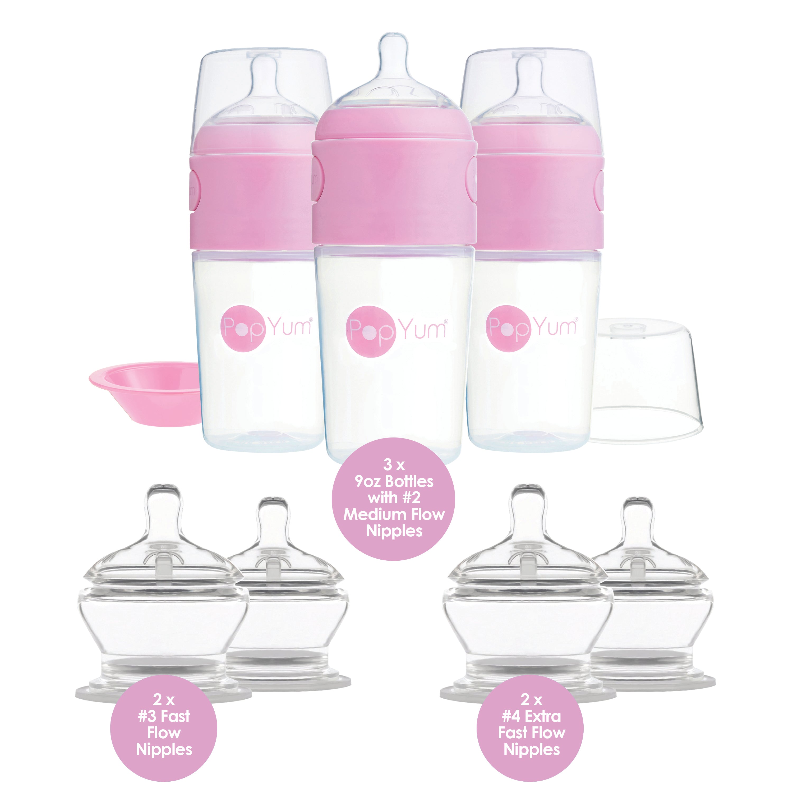 PopYum Pink 7 Piece Bundle: 9oz Bottle 3-Pack + 2 Nipple 2-Packs - PopYum