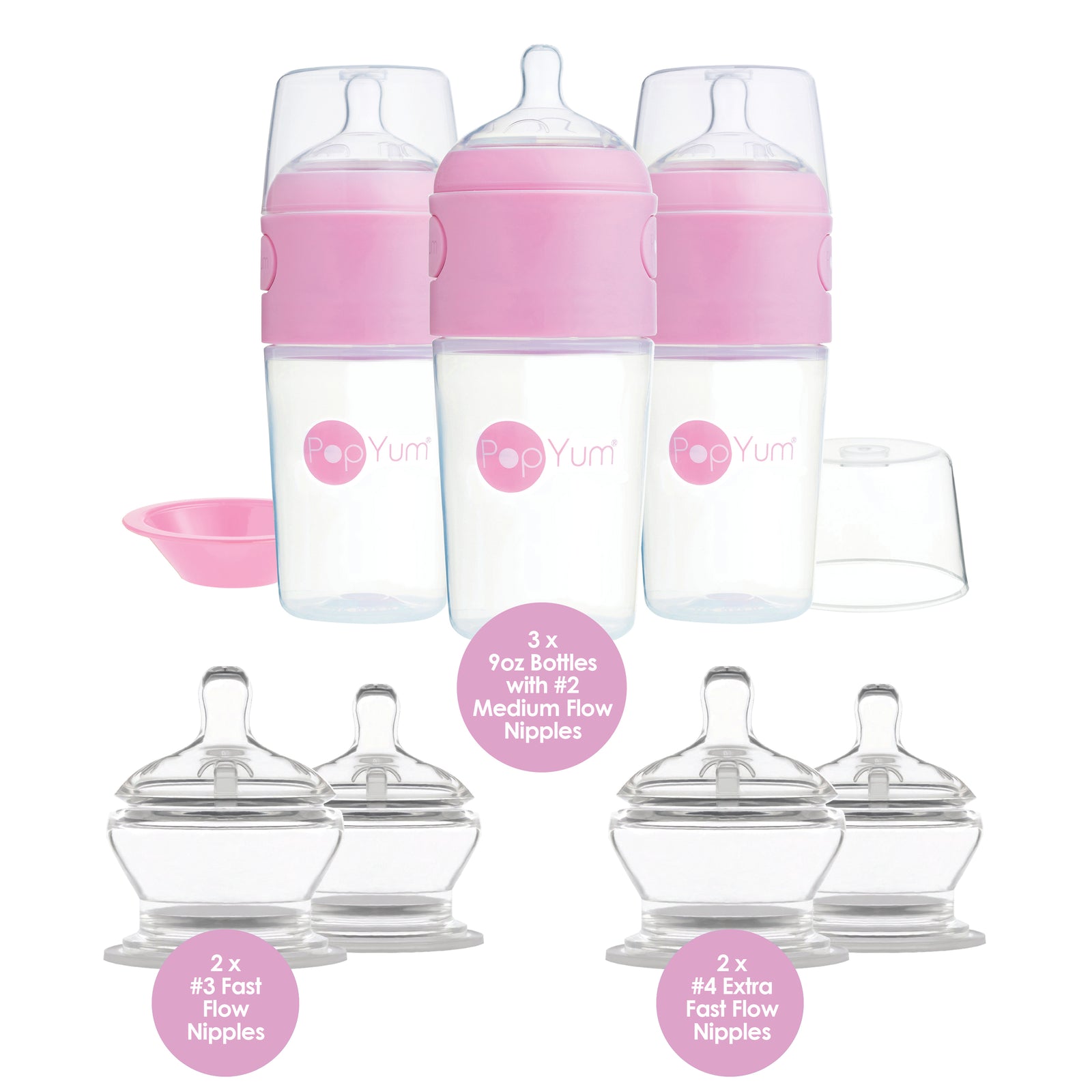 PopYum Pink 7 Piece Bundle: 9oz Bottle 3-Pack + 2 Nipple 2-Packs - PopYum