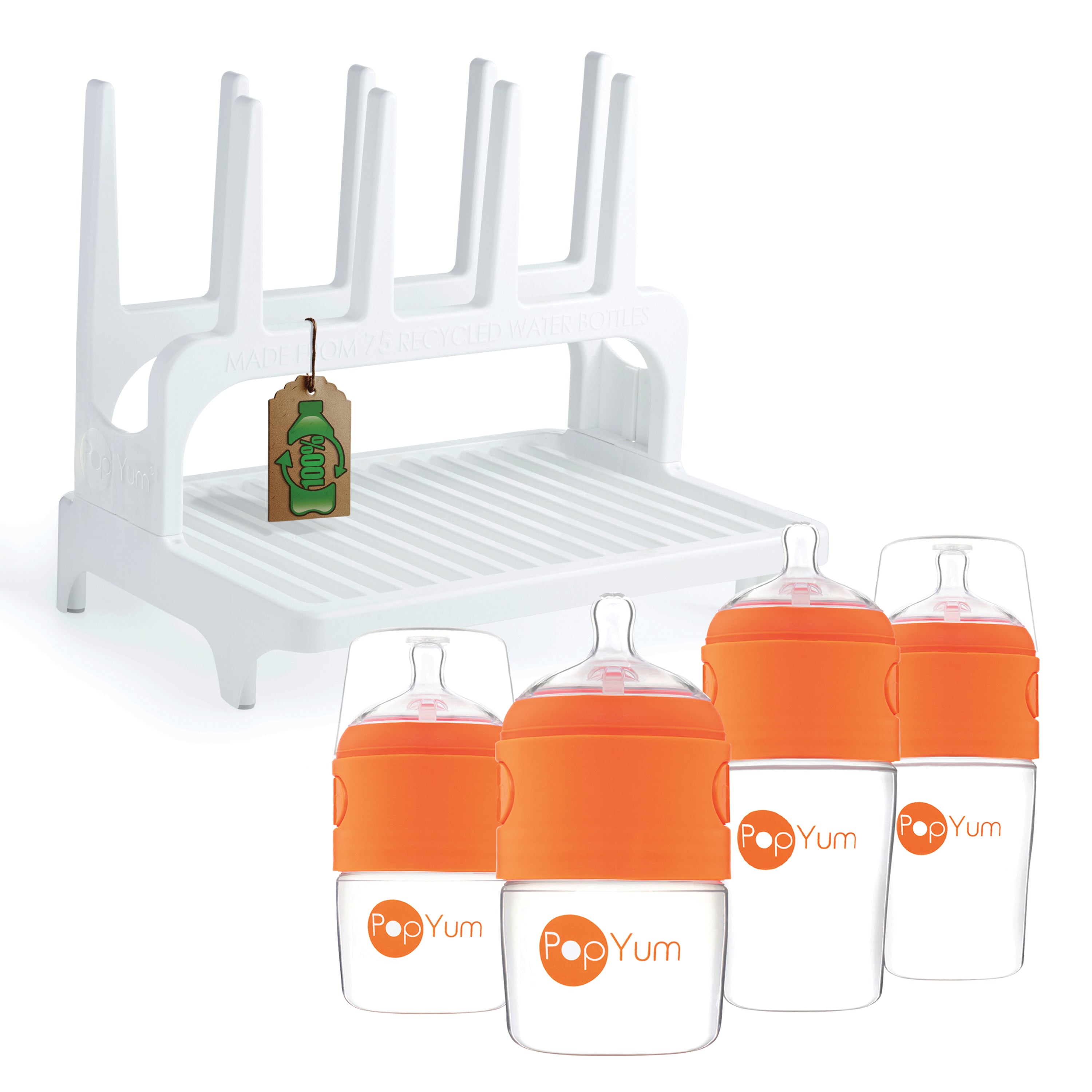 PopYum Orange Formula Making Baby Bottle Set 4-Pack with White Drying Rack Bundle - PopYum