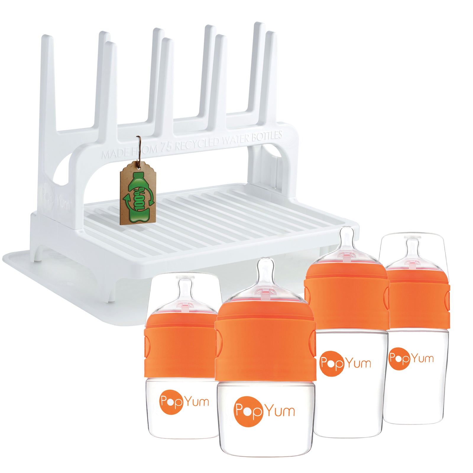 PopYum Orange Baby Bottle Set 4-Pack with White Drying Rack & Clear Drying Mat Bundle - PopYum
