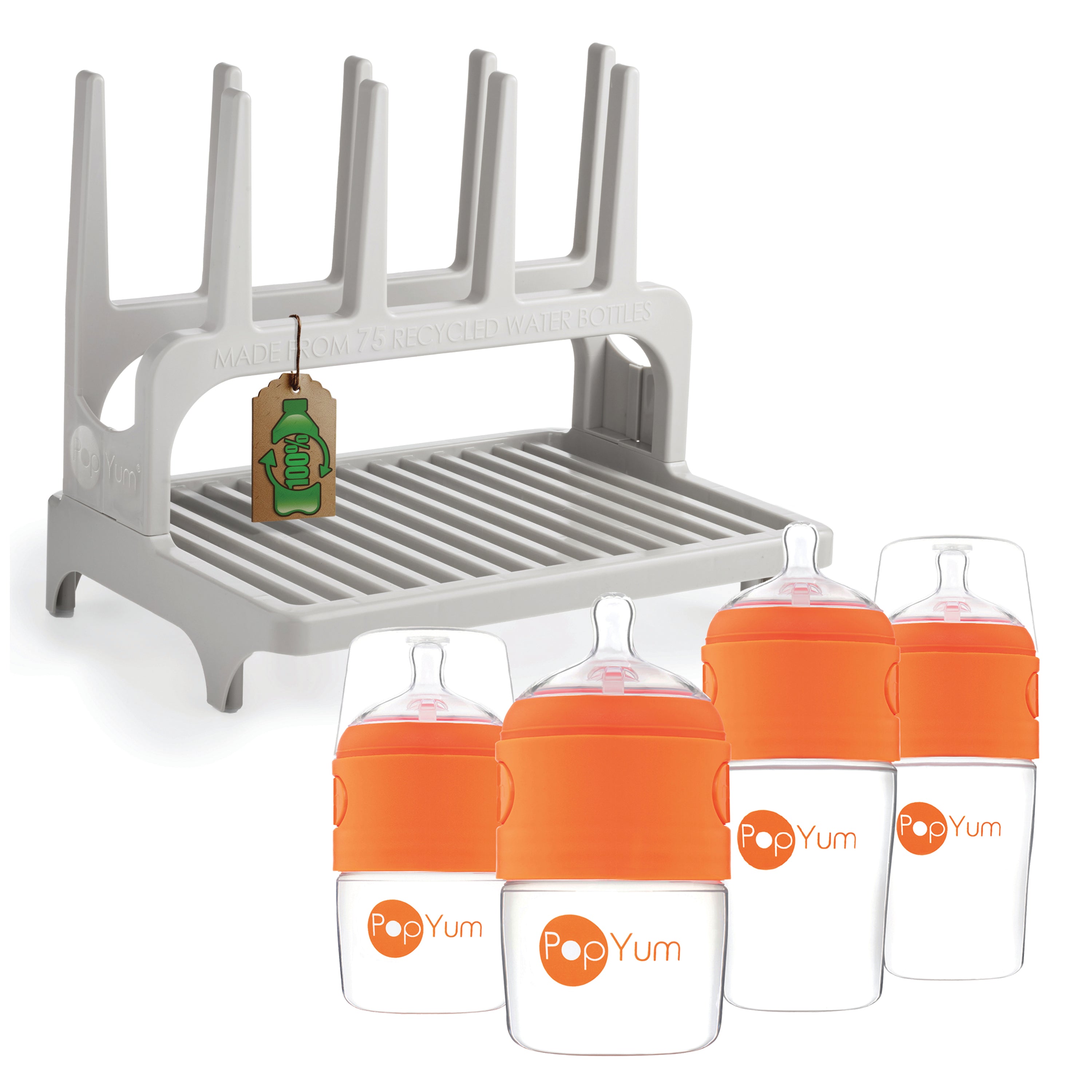 PopYum Orange Formula Making Baby Bottle Set 4-Pack with Gray Drying Rack Bundle - PopYum