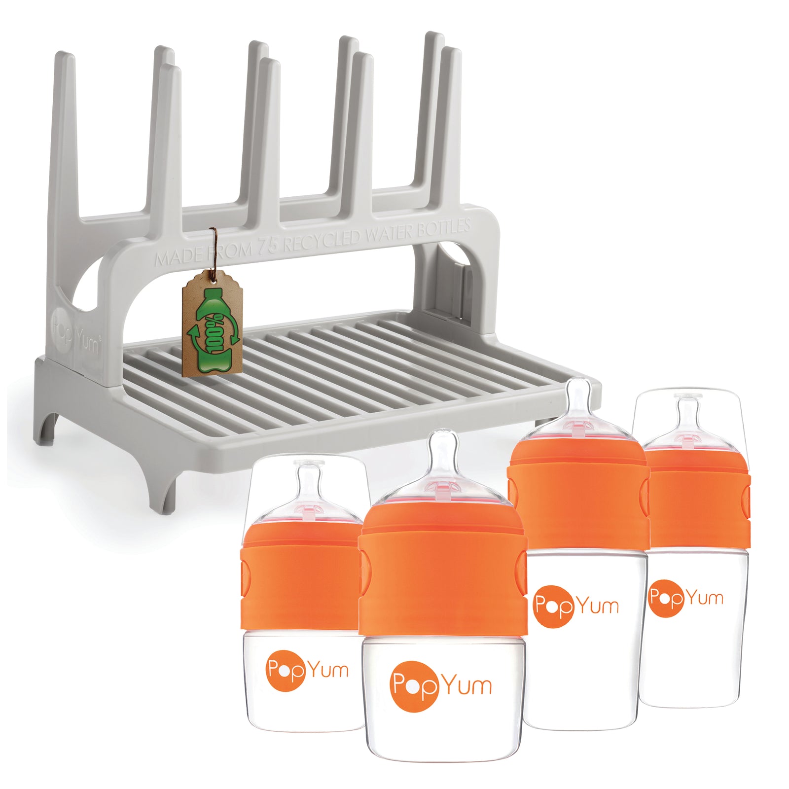 PopYum Orange Formula Making Baby Bottle Set 4-Pack with Gray Drying Rack Bundle - PopYum