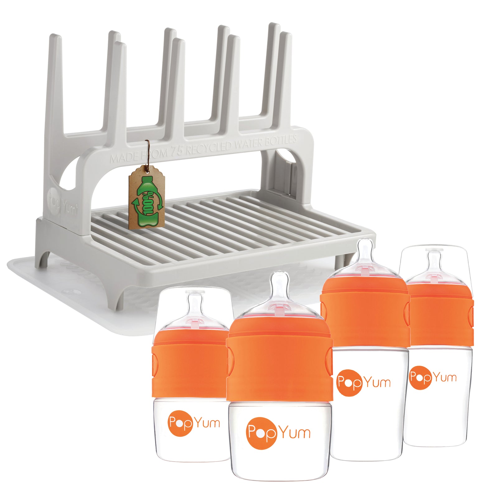 PopYum Orange Baby Bottle Set 4-Pack with Gray Drying Rack & Clear Drying Mat Bundle - PopYum