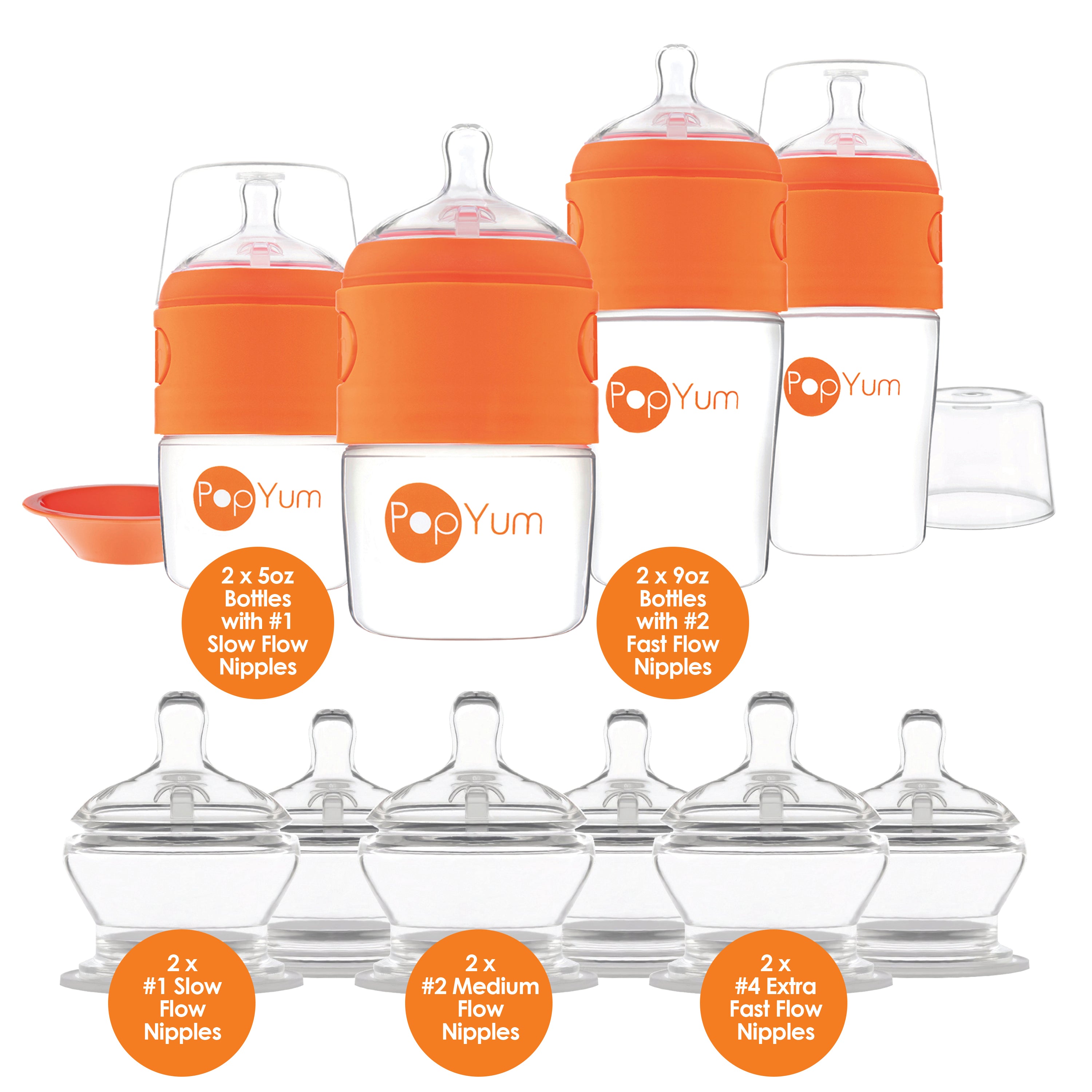 PopYum Orange 10 Piece Bundle: Bottle Set + 3 Nipple 2-Packs - PopYum