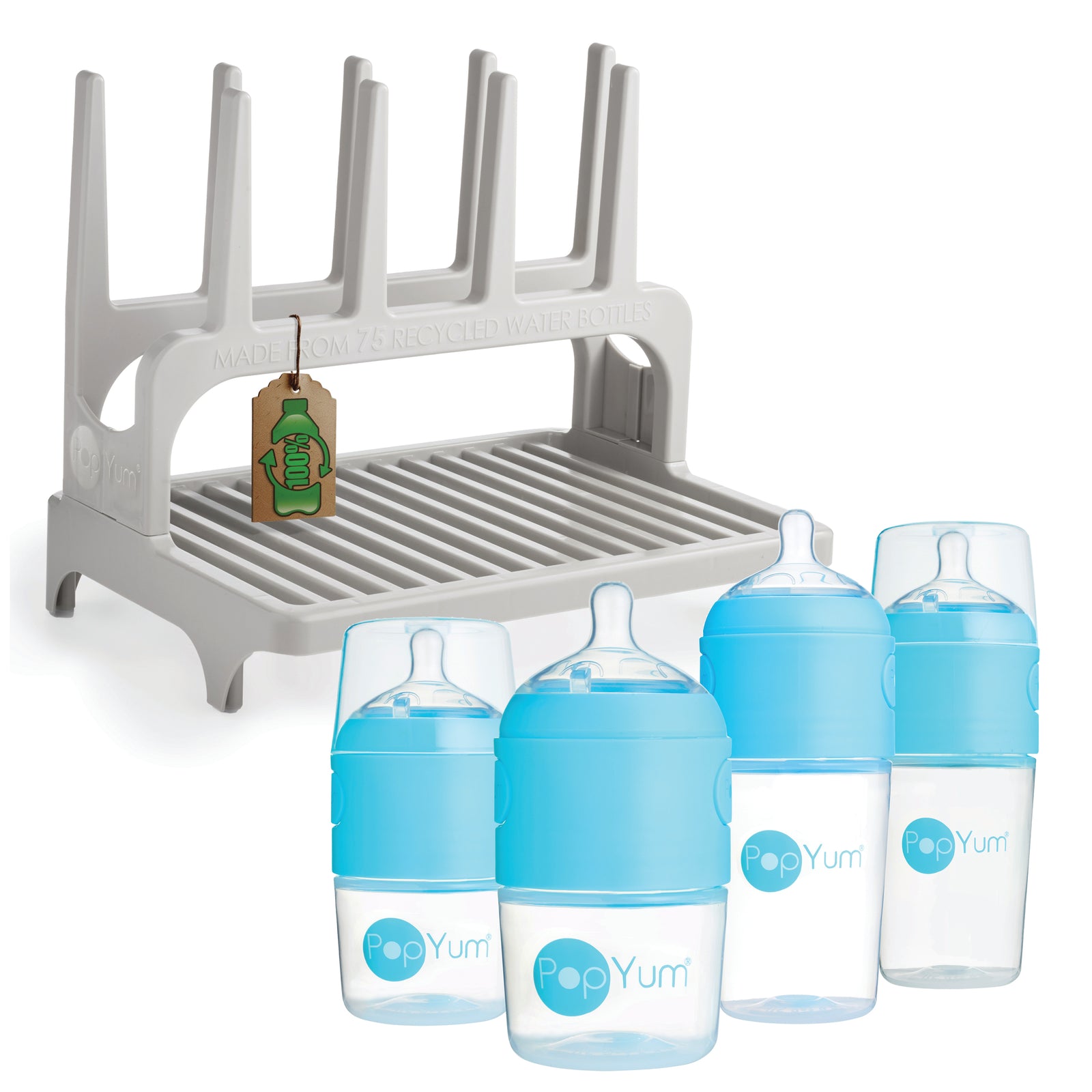 PopYum Blue Formula Making Baby Bottle Set 4-Pack with Gray Drying Rack Bundle - PopYum