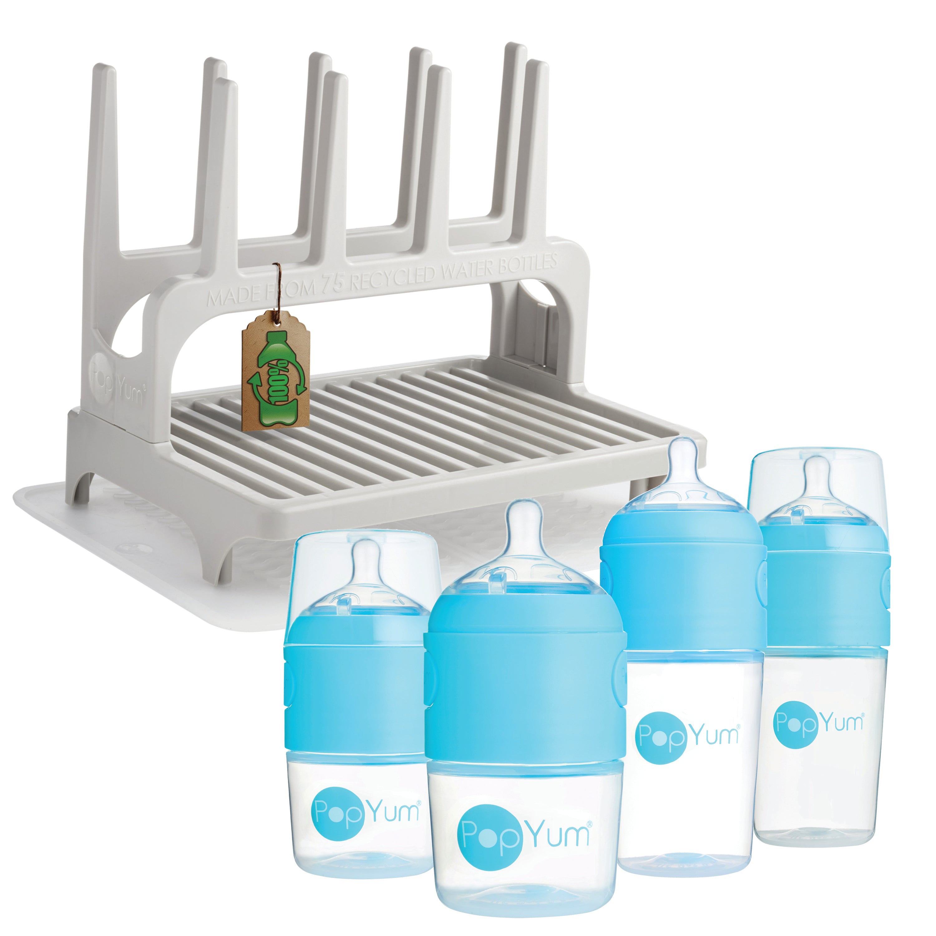 PopYum Blue Baby Bottle Set 4-Pack with Gray Drying Rack & Clear Drying Mat Bundle - PopYum