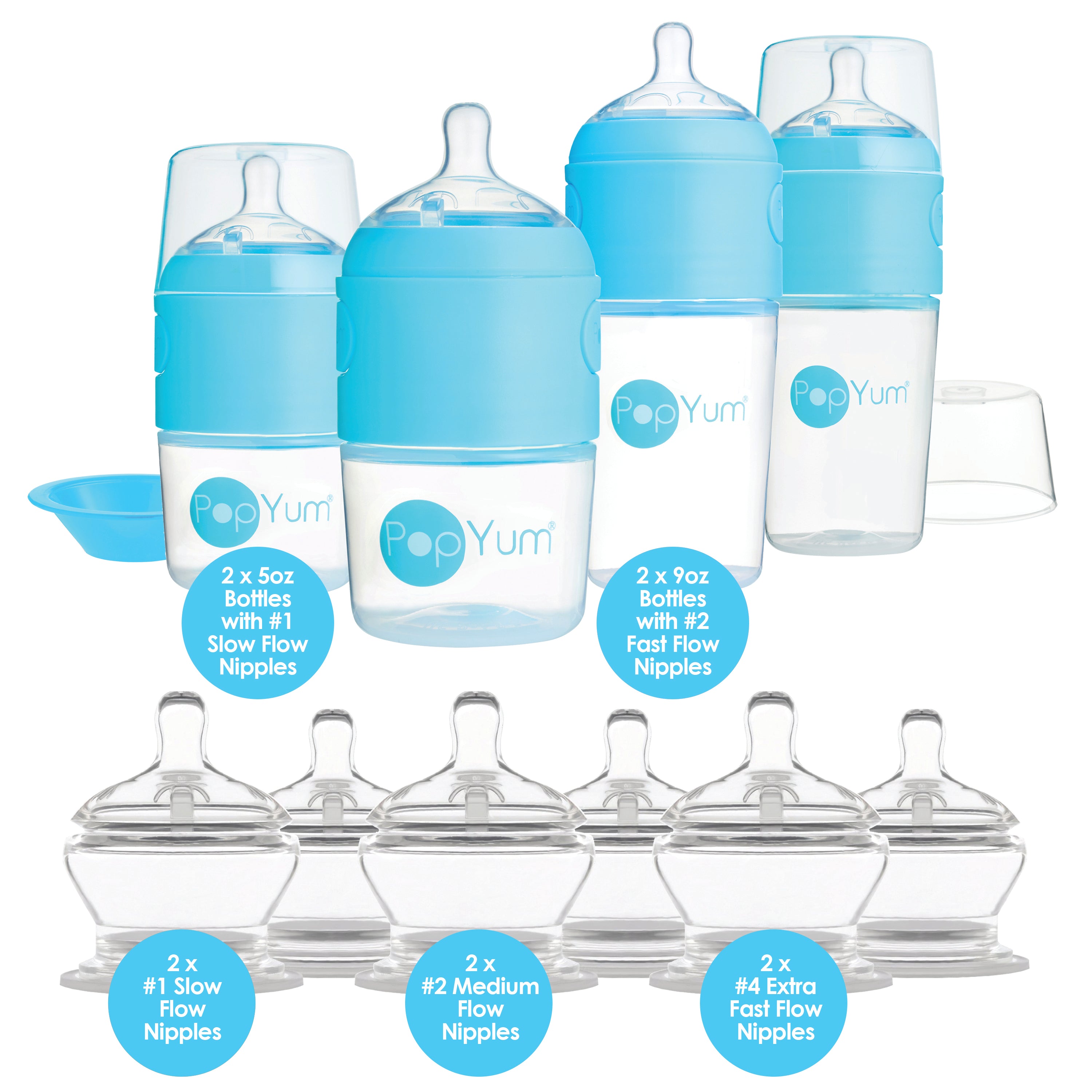 PopYum Blue 10 Piece Bundle: Bottle Set + 3 Nipple 2-Packs - PopYum