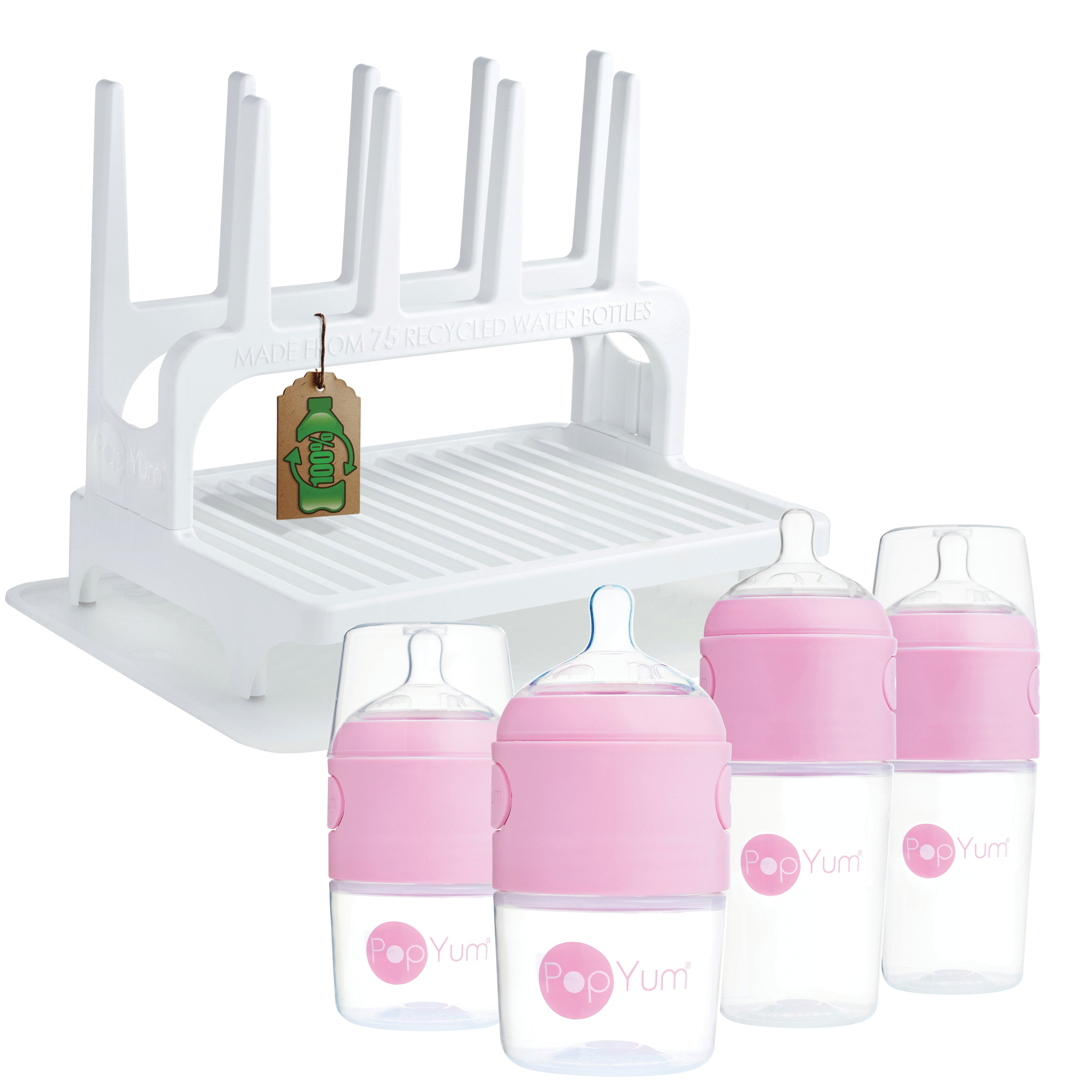PopYum Pink Baby Bottle Set 4-Pack with White Drying Rack & Clear Drying Mat Bundle - PopYum